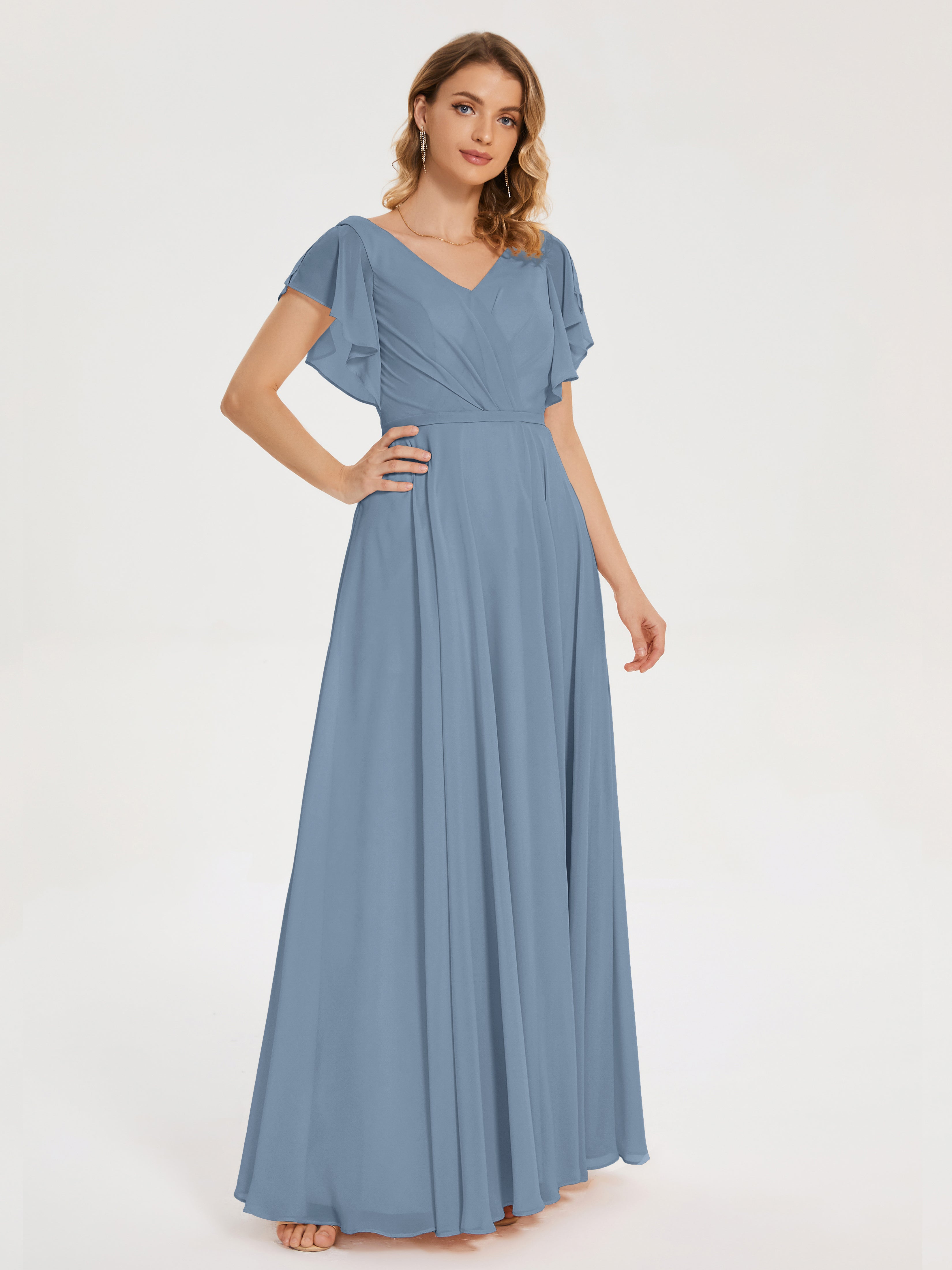 Robes De Demoiselle D'Honneur Bleu De Schiste Col V Fendue Mousseline Robes Demoiselle D'Honneur À Volants