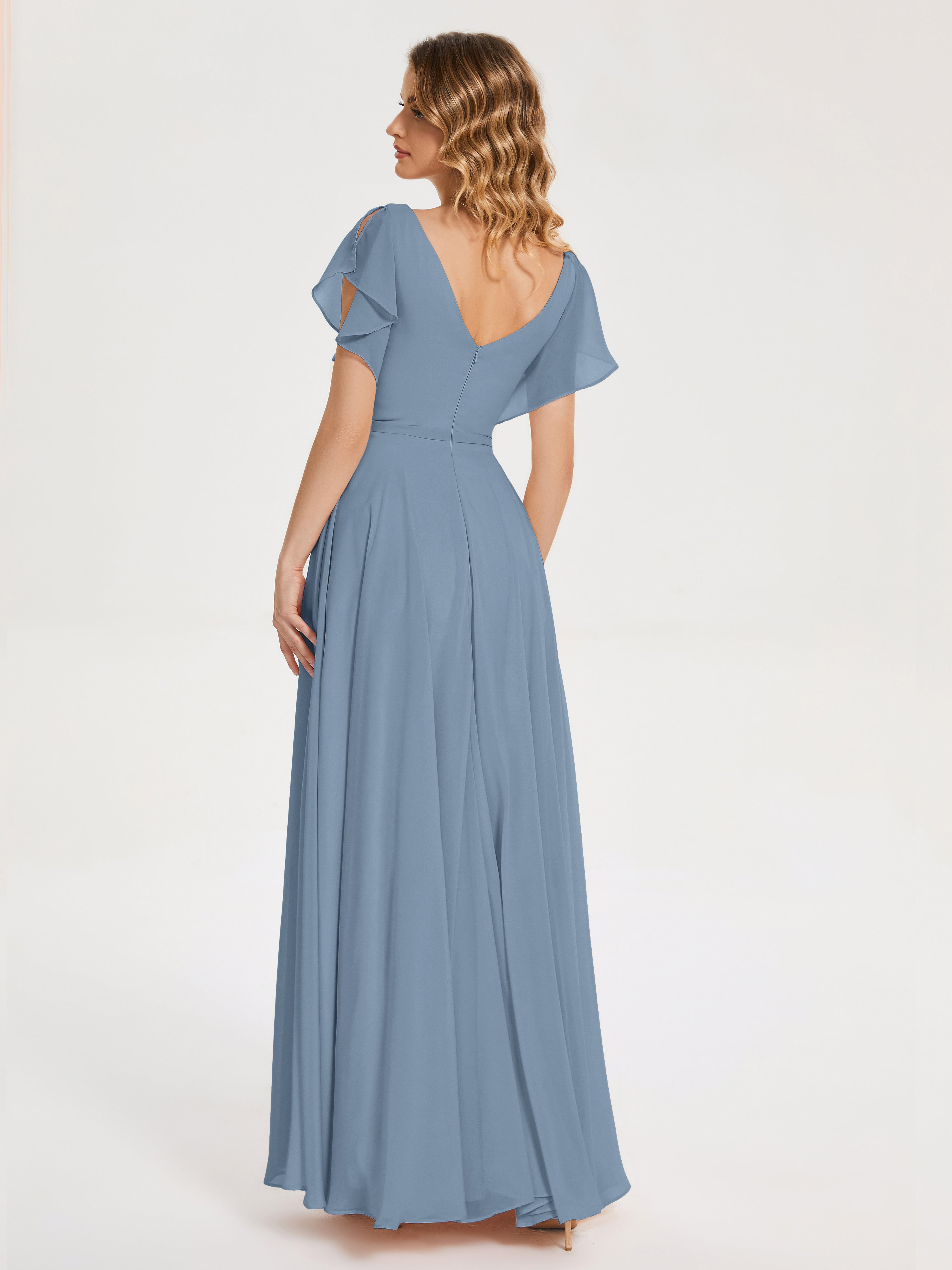 Robes De Demoiselle D'Honneur Bleu De Schiste Col V Fendue Mousseline Robes Demoiselle D'Honneur À Volants