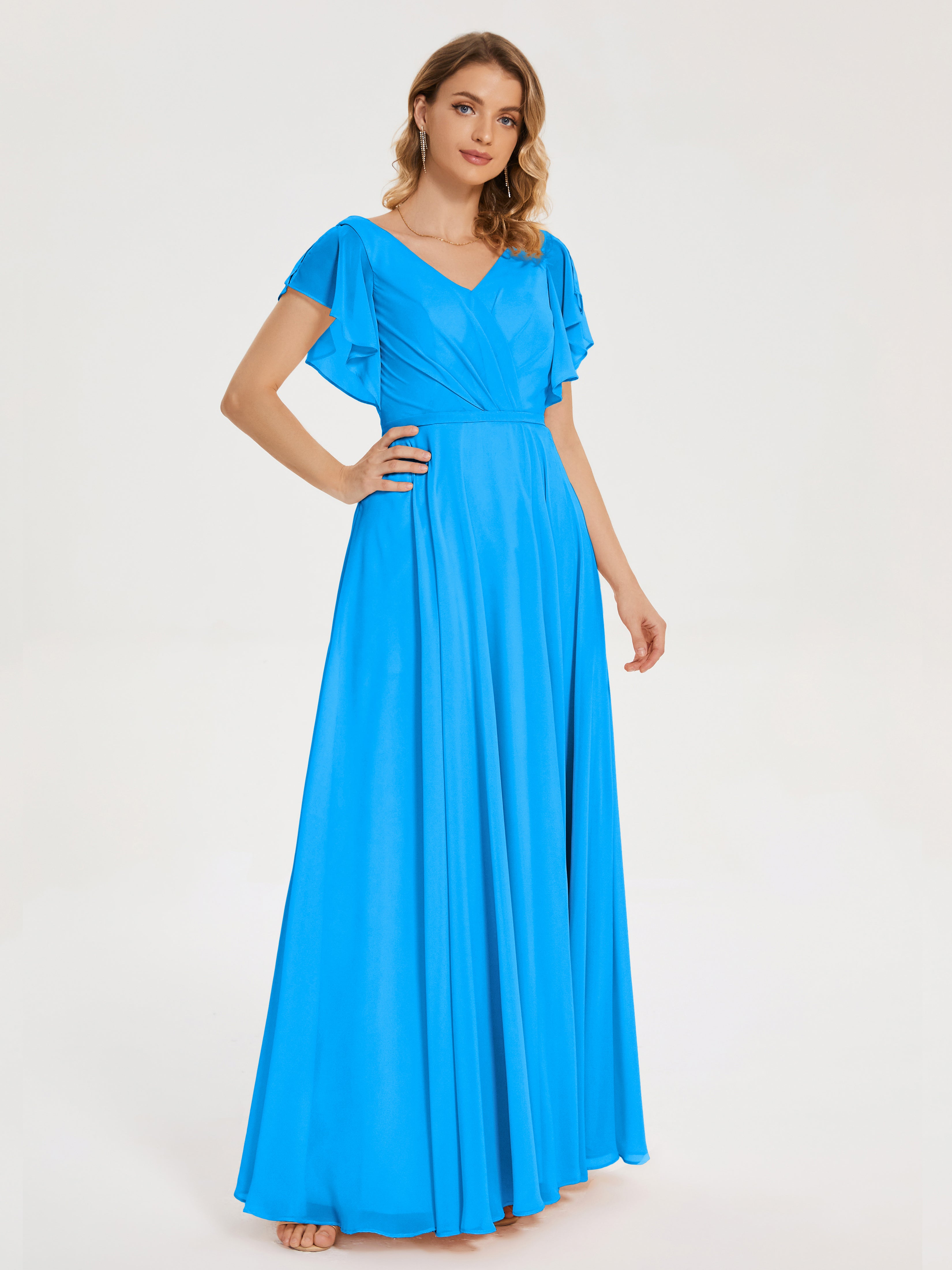 Robes De Demoiselle D'Honneur Bleu Océan Col V Fendue Mousseline Robes Demoiselle D'Honneur À Volants