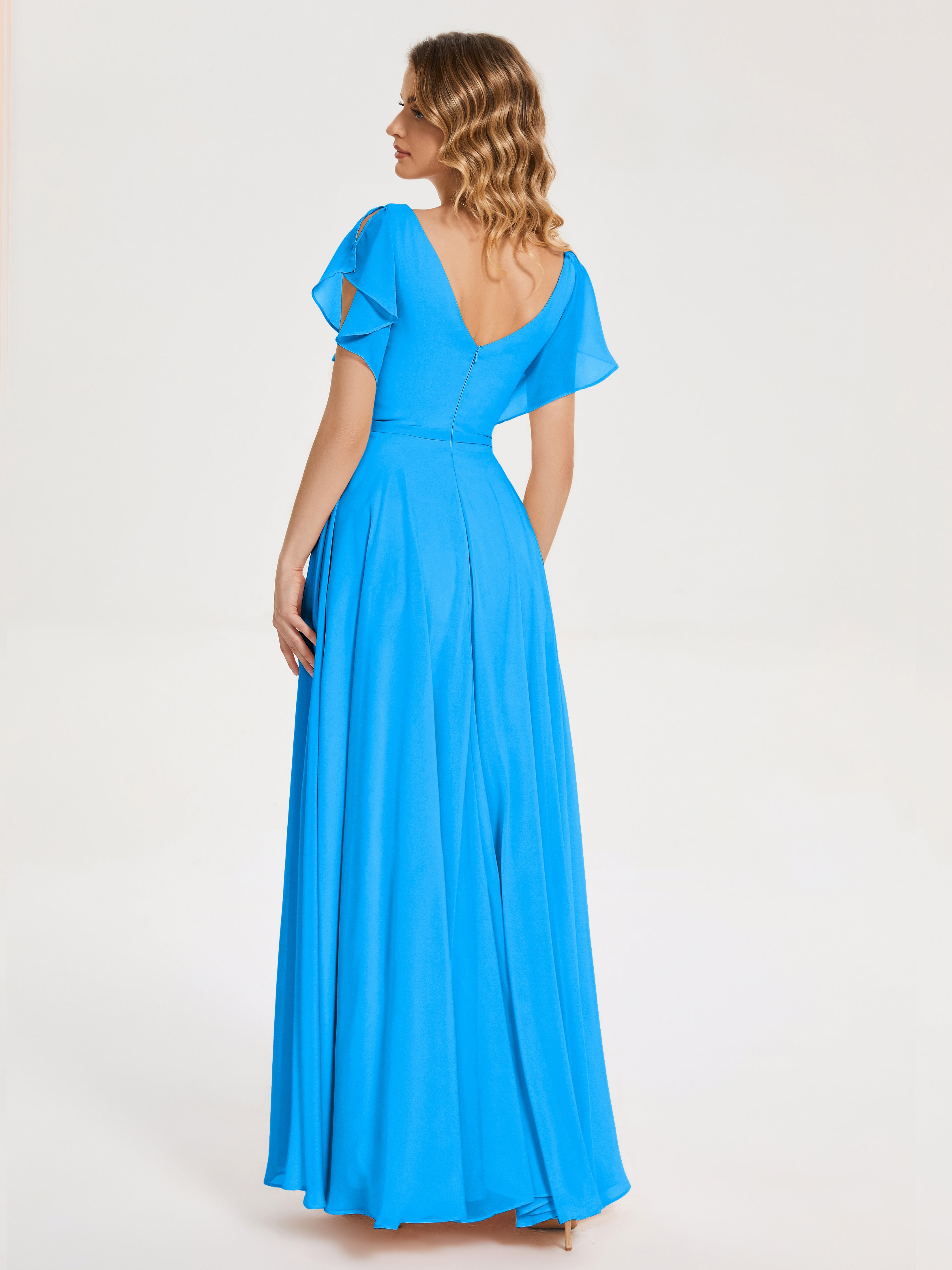 Robes De Demoiselle D'Honneur Bleu Océan Col V Fendue Mousseline Robes Demoiselle D'Honneur À Volants