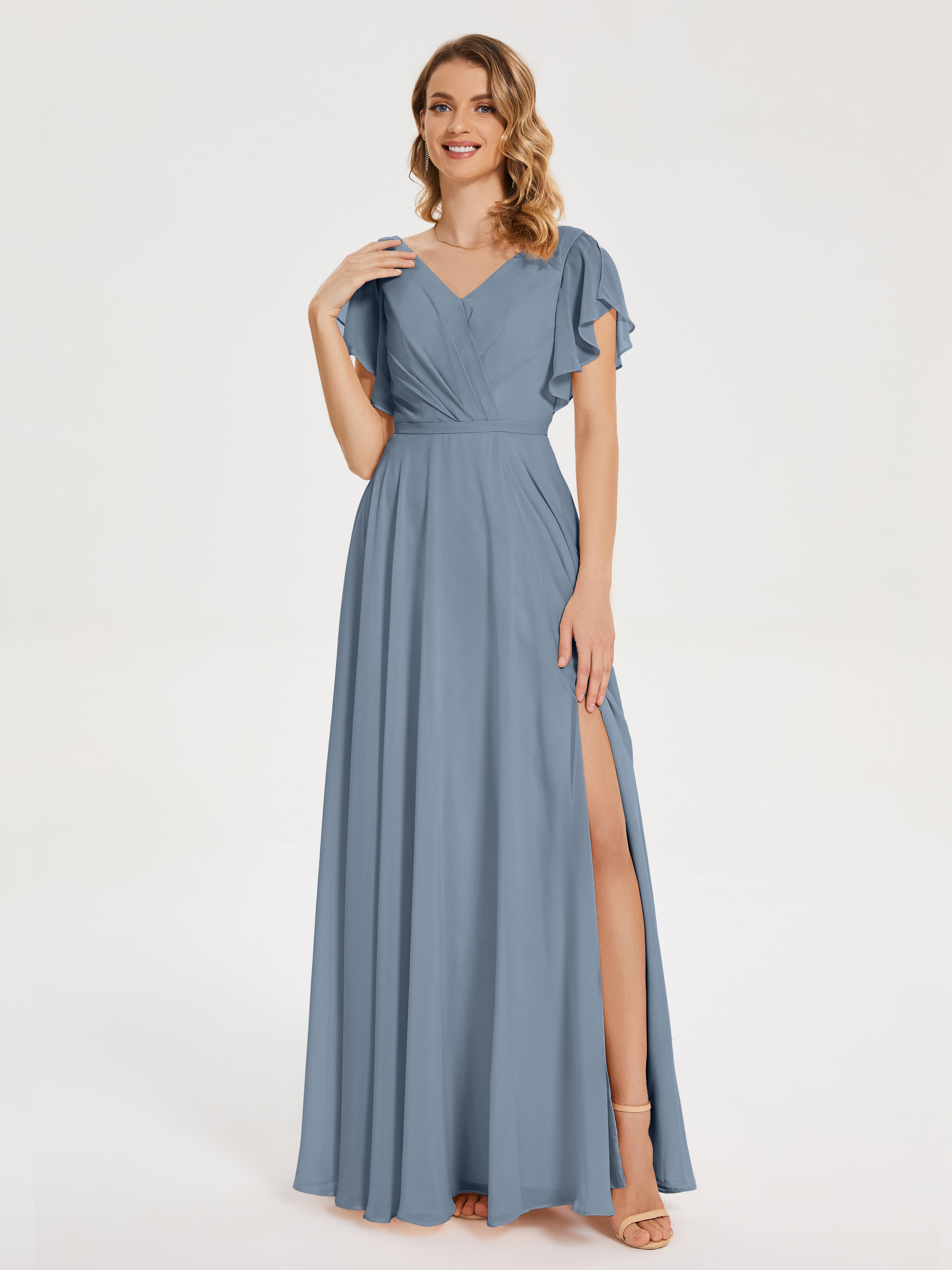 Robes De Demoiselle D'Honneur Bleu Poudre Col V Fendue Mousseline Robes Demoiselle D'Honneur À Volants