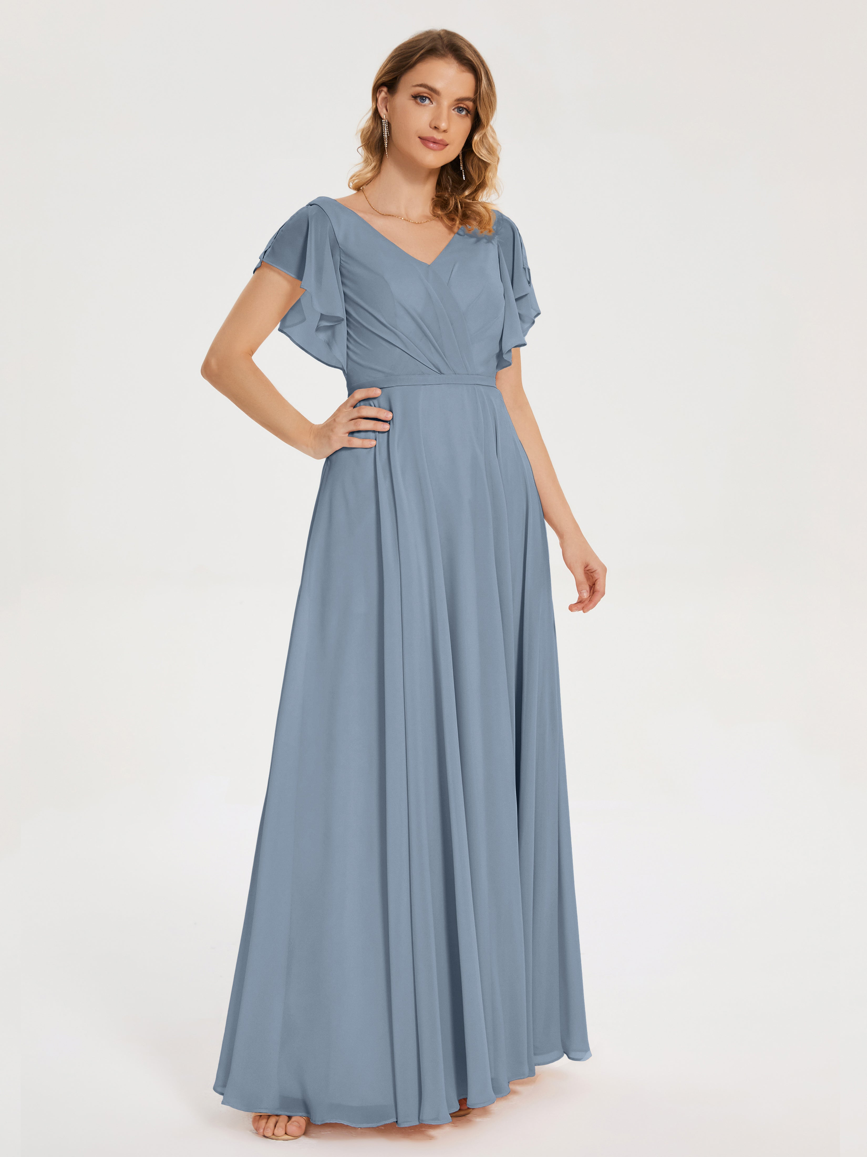 Robes De Demoiselle D'Honneur Bleu Poudre Col V Fendue Mousseline Robes Demoiselle D'Honneur À Volants