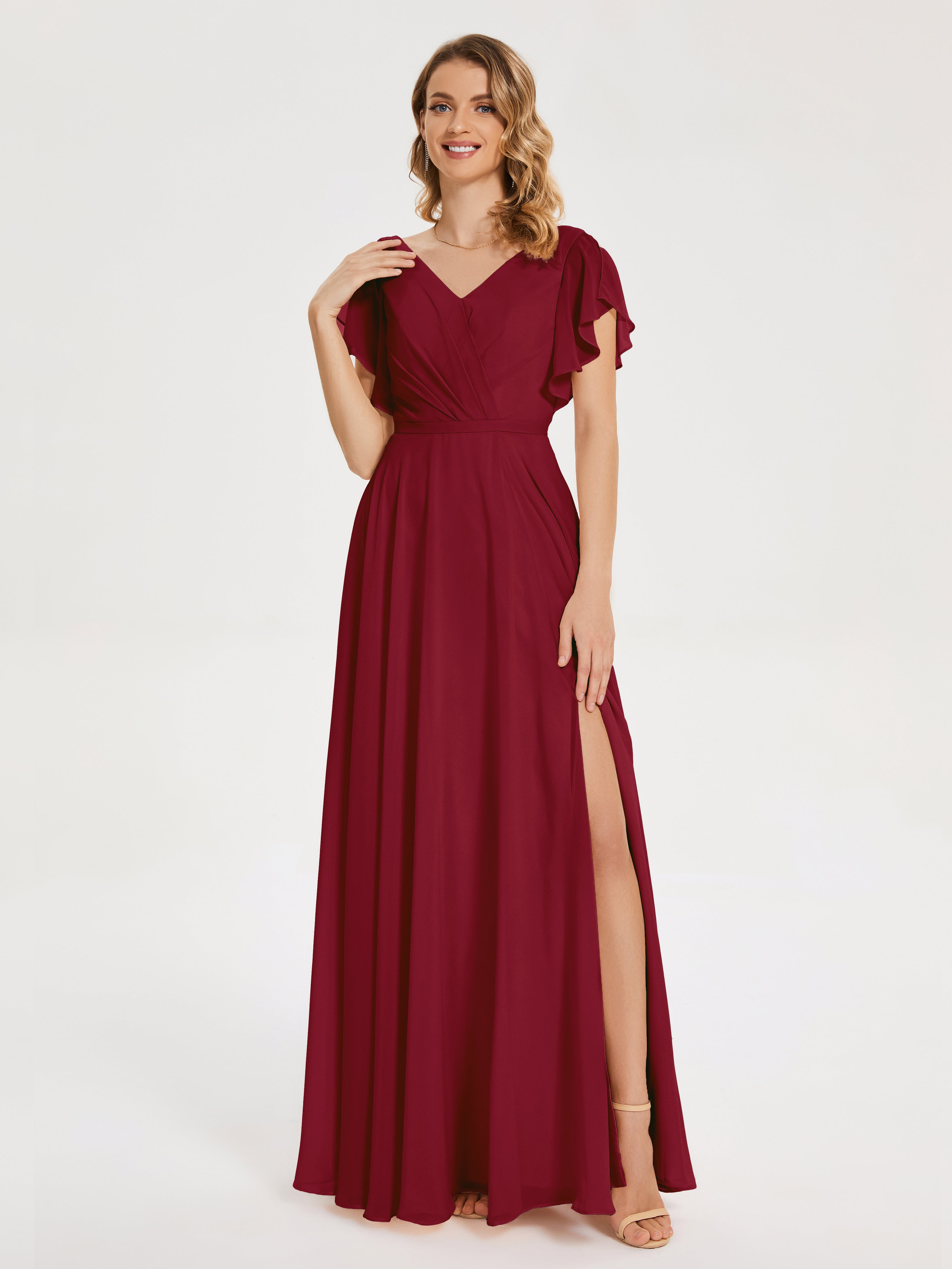Long Robe Demoiselle D Honneur Bordeaux Col V Fendue Mousseline Robes Demoiselle D'Honneur À Volants