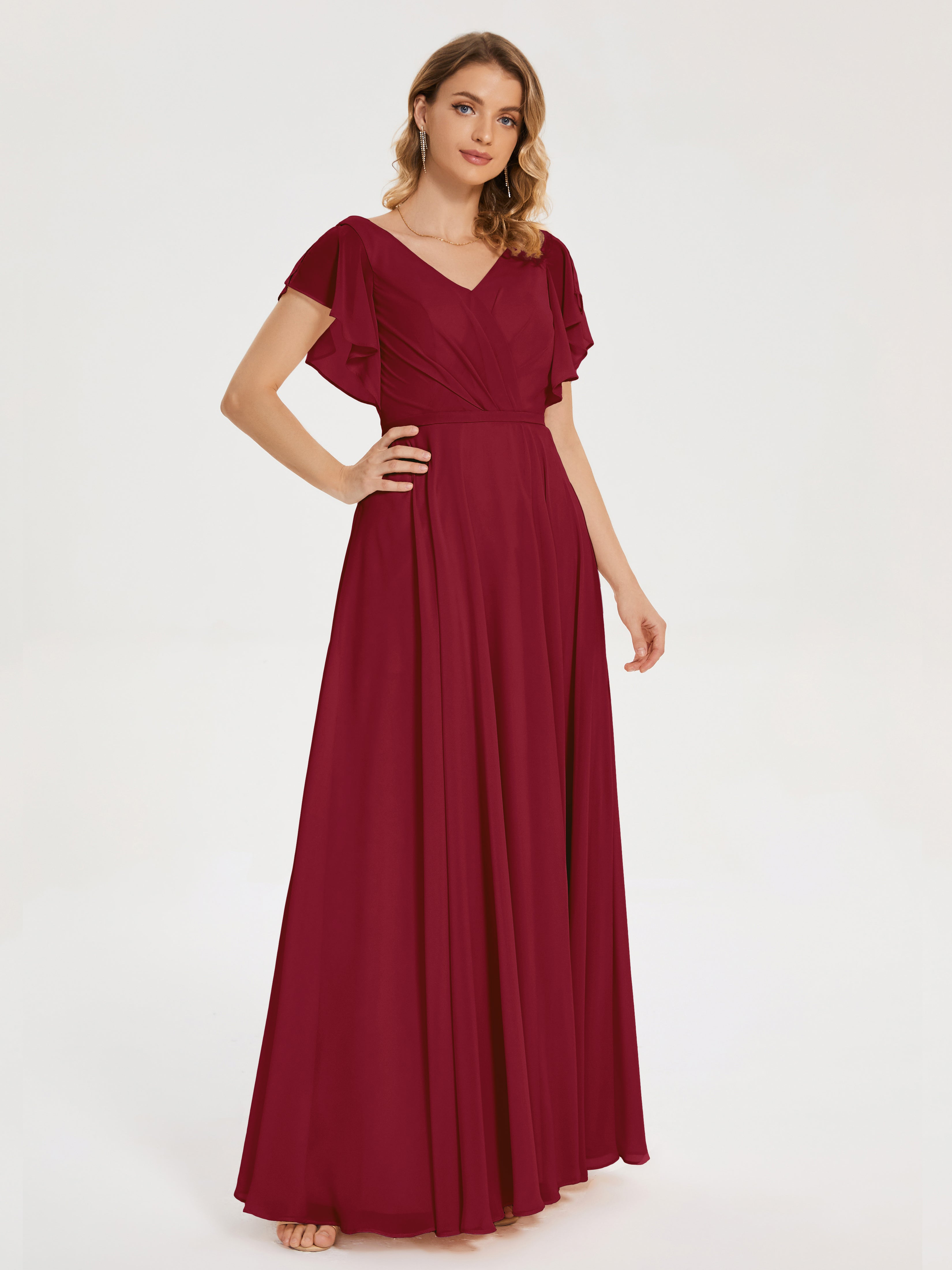 Long Robe Demoiselle D Honneur Bordeaux Col V Fendue Mousseline Robes Demoiselle D'Honneur À Volants