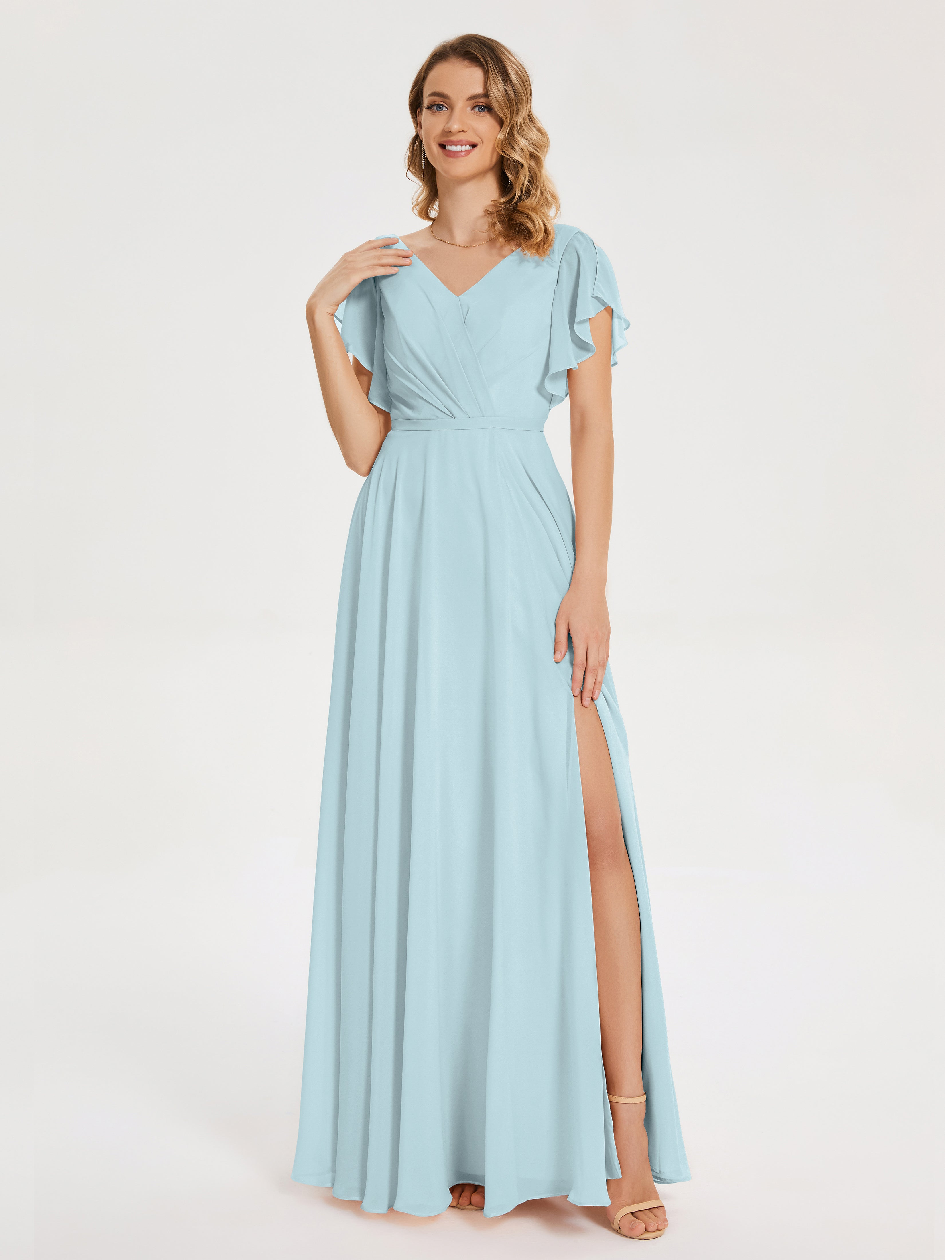 Robe De Demoiselle D'Honneur Brume Col V Fendue Mousseline Robes Demoiselle D'Honneur À Volants
