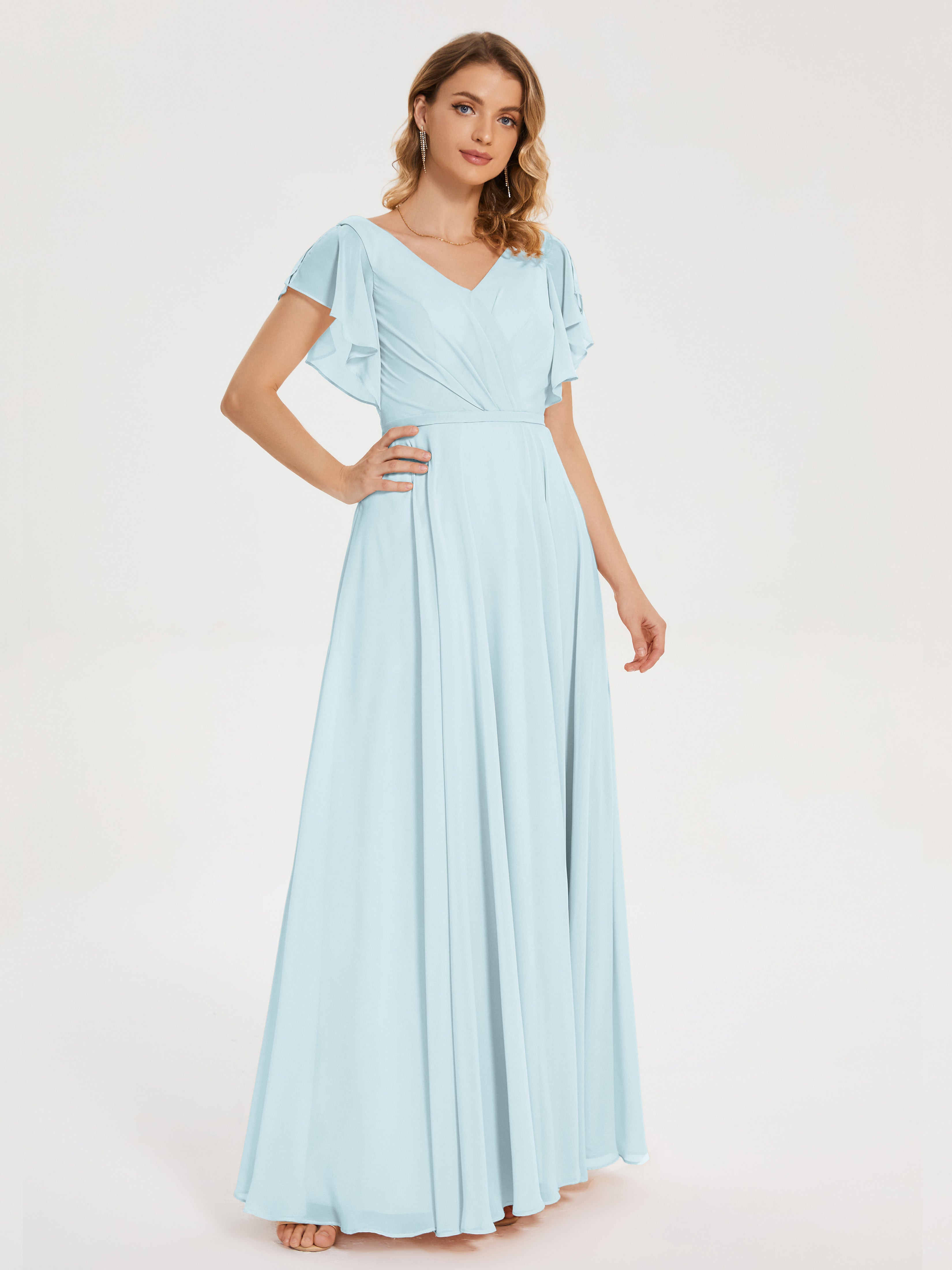 Robe De Demoiselle D'Honneur Brume Col V Fendue Mousseline Robes Demoiselle D'Honneur À Volants