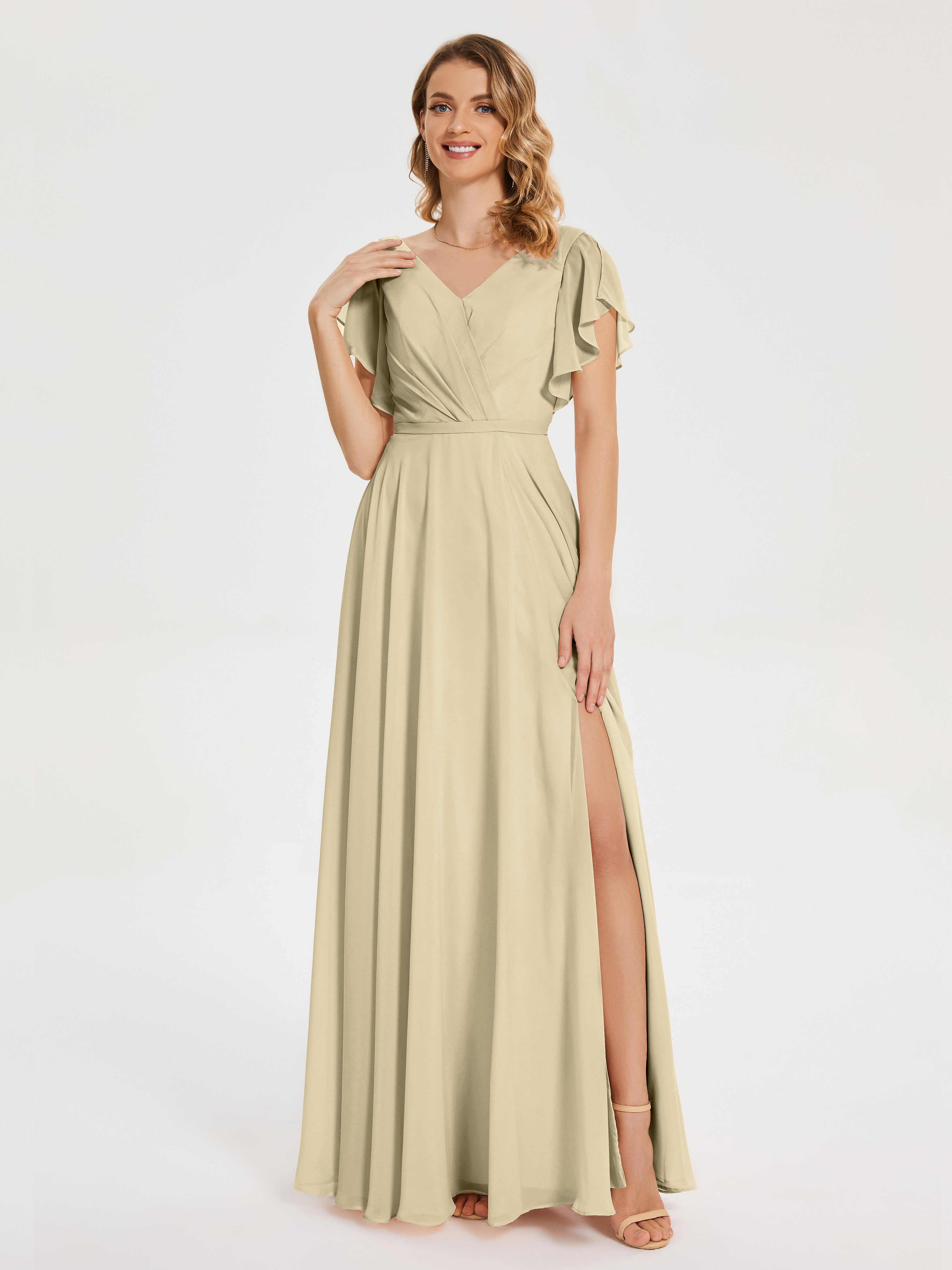 Robes De Demoiselle D Honneur Champagne Col V Fendue Mousseline Robes Demoiselle D'Honneur À Volants