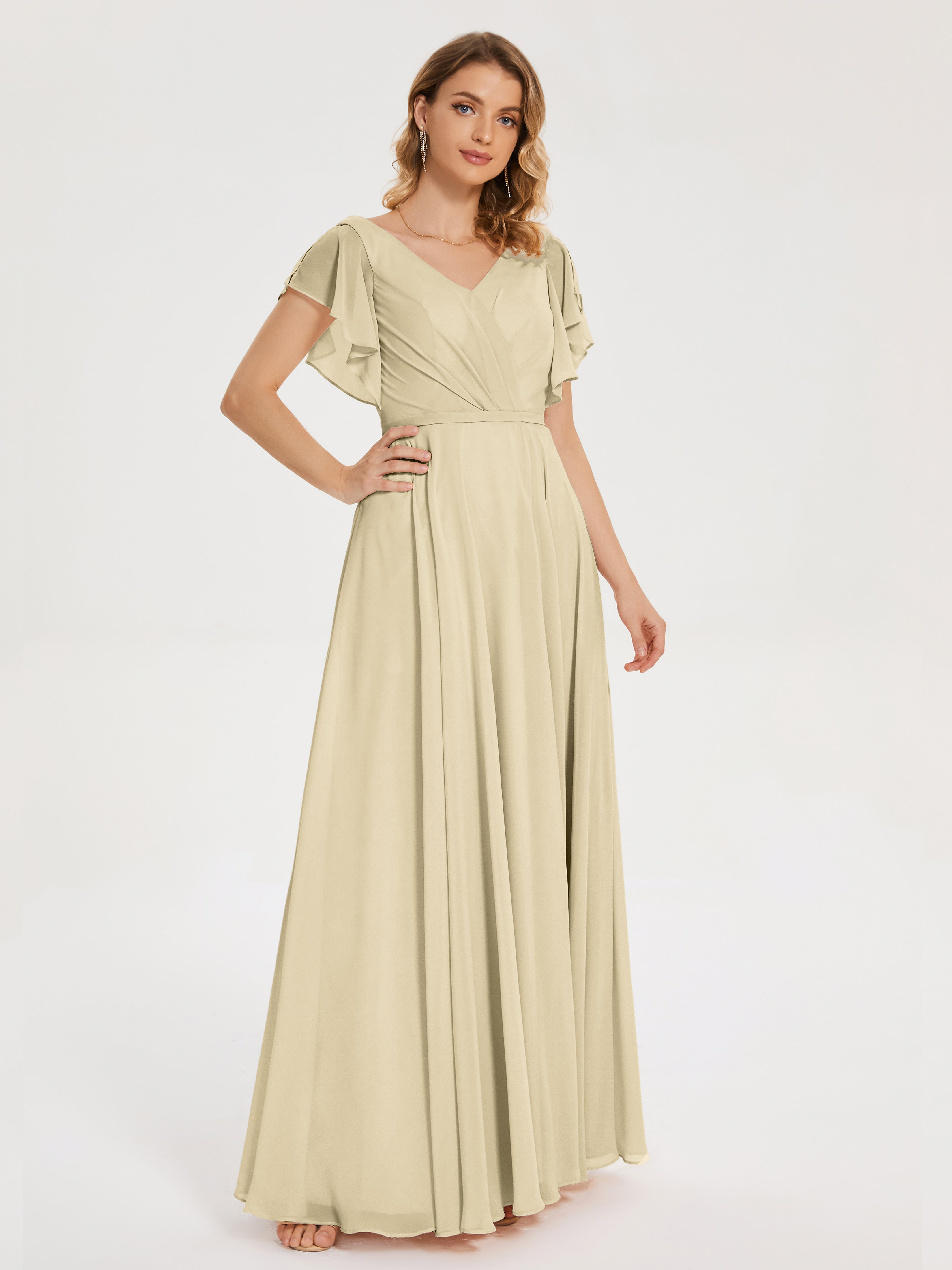 Robes De Demoiselle D Honneur Champagne Col V Fendue Mousseline Robes Demoiselle D'Honneur À Volants