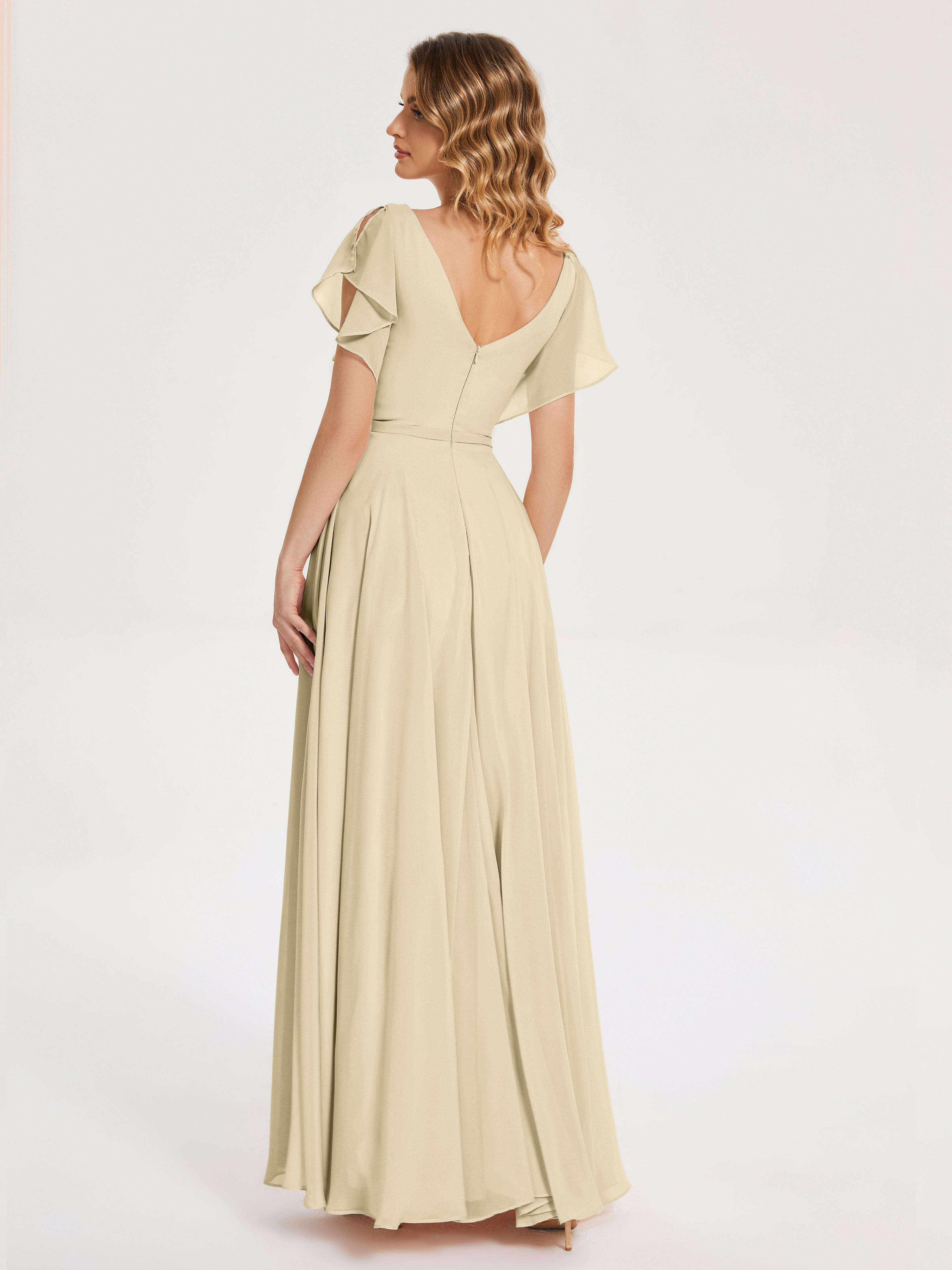 Robes De Demoiselle D Honneur Champagne Col V Fendue Mousseline Robes Demoiselle D'Honneur À Volants