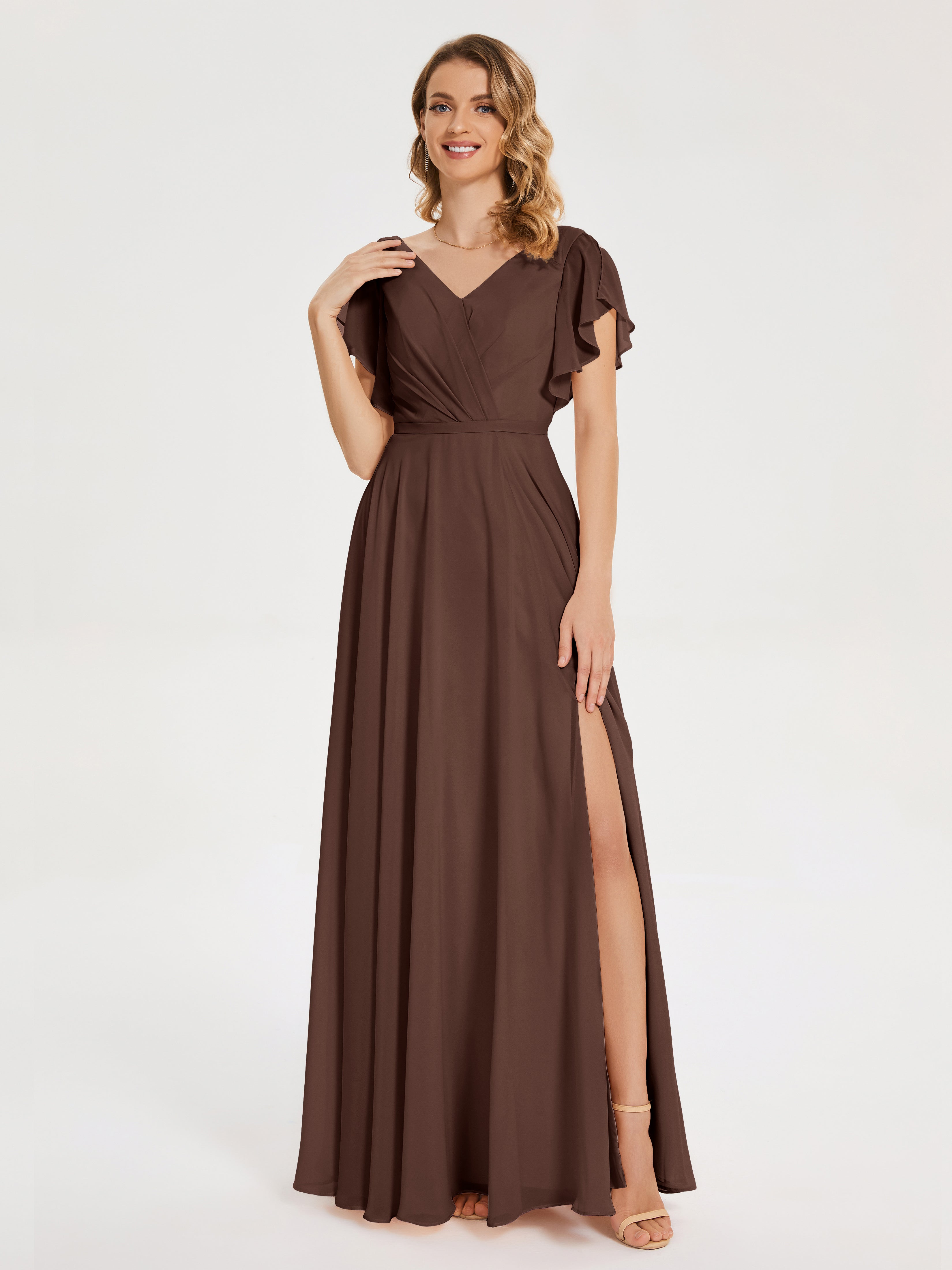 Robe Demoiselle D Honneur Marron Chocolat Col V Fendue Mousseline Robes Demoiselle D'Honneur À Volants