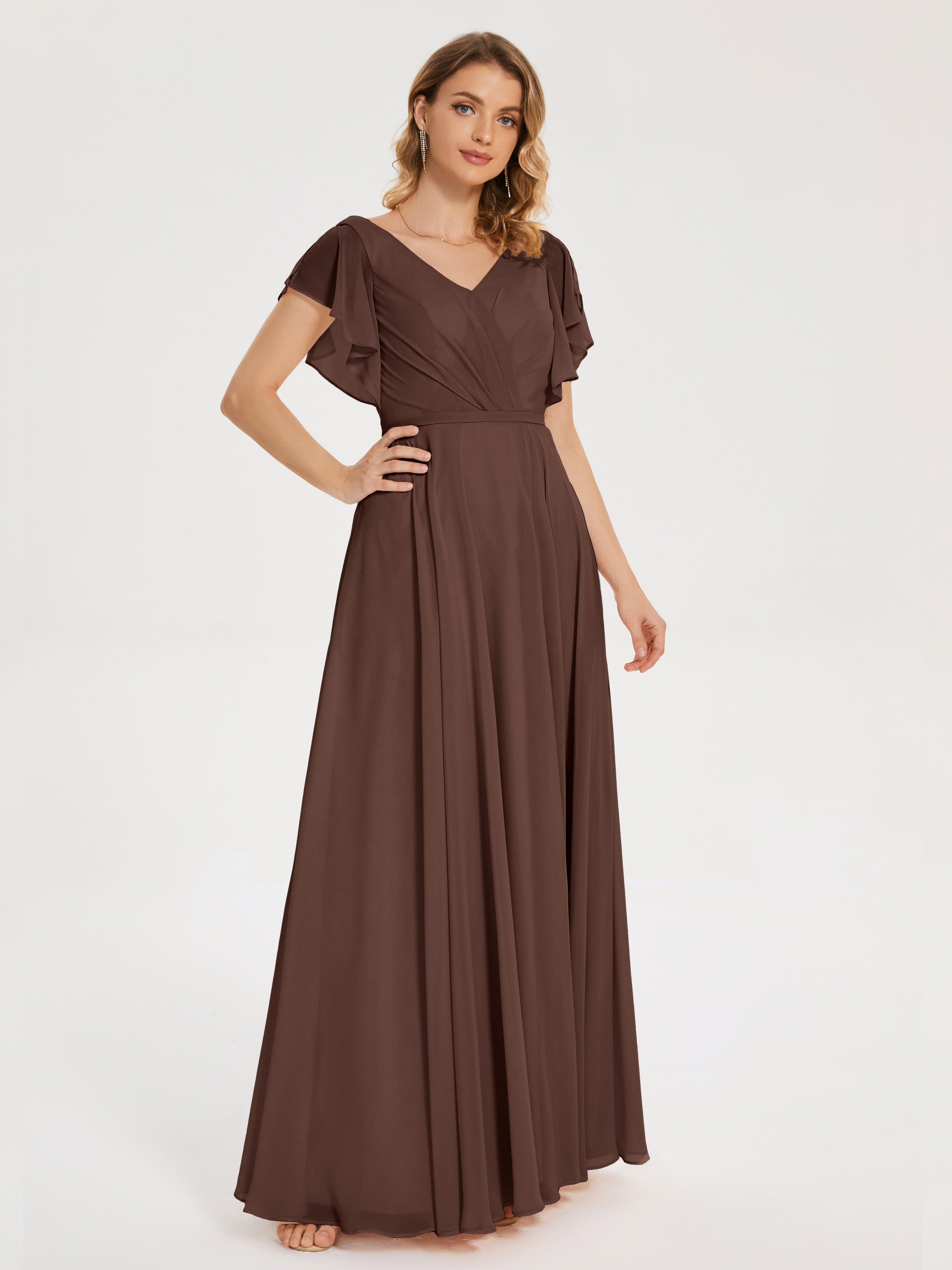 Robe Demoiselle D Honneur Marron Chocolat Col V Fendue Mousseline Robes Demoiselle D'Honneur À Volants