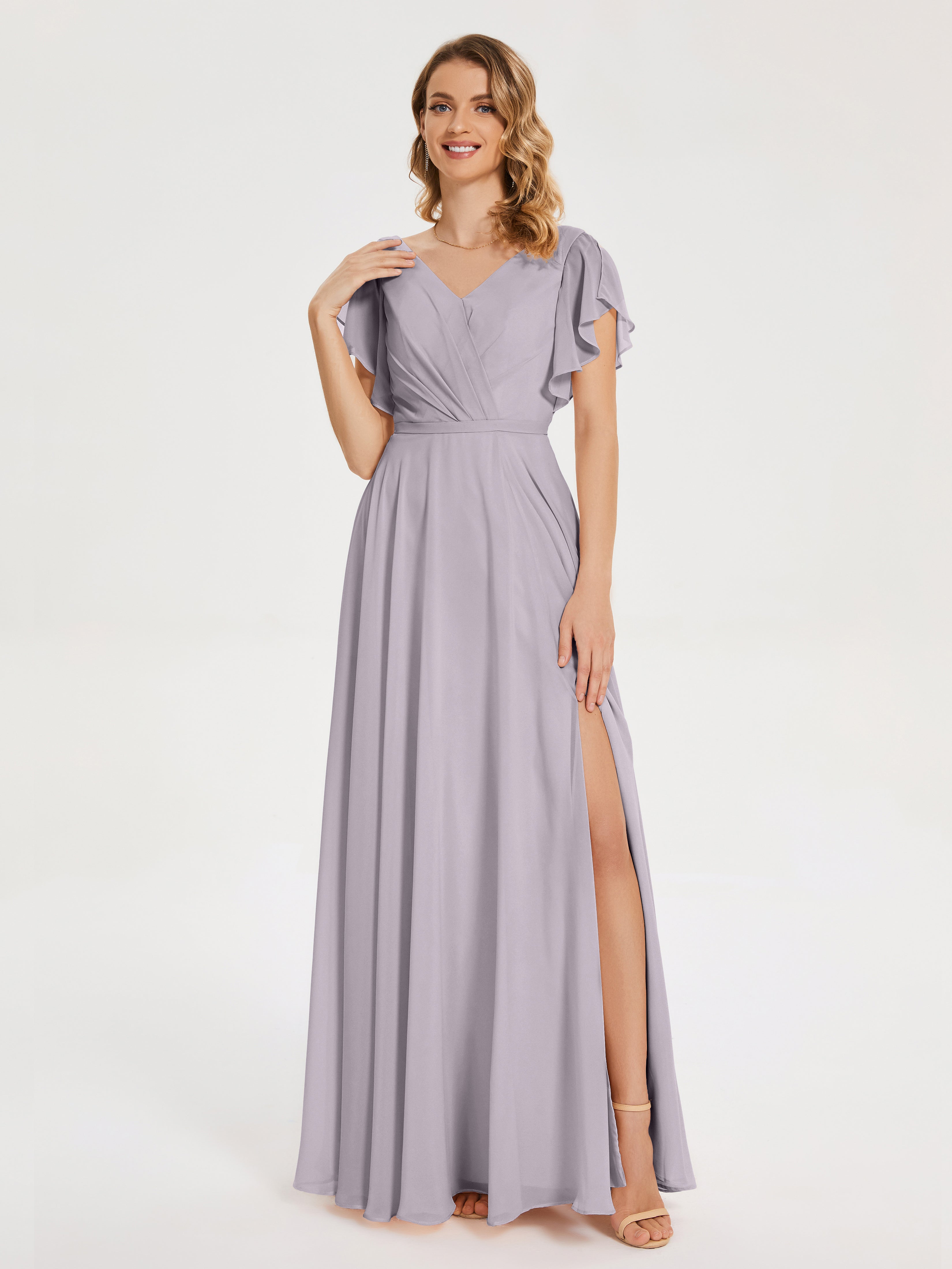 Robes De Demoiselle D'Honneur Crépuscule Col V Fendue Mousseline Robes Demoiselle D'Honneur À Volants