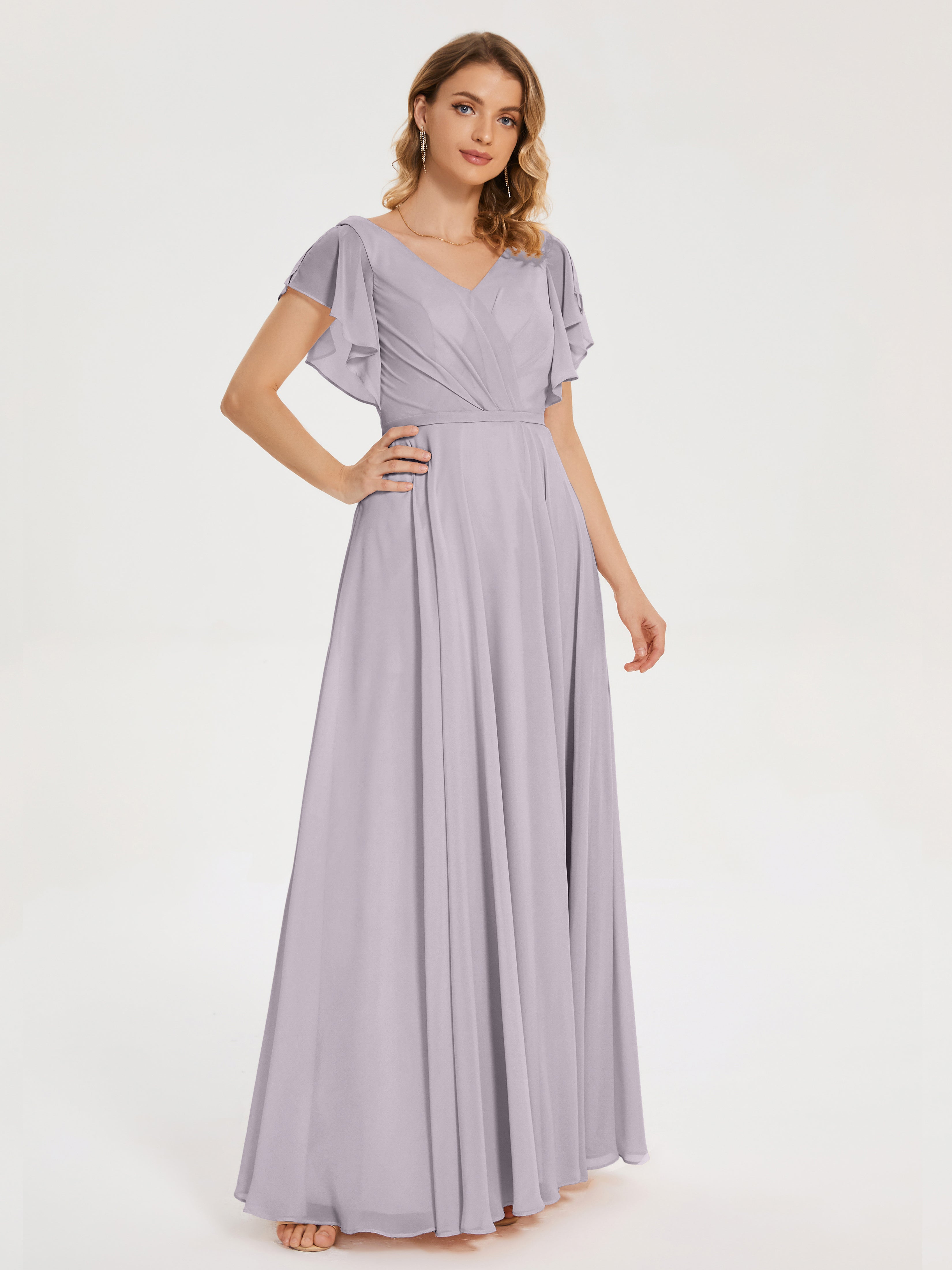 Robes De Demoiselle D'Honneur Crépuscule Col V Fendue Mousseline Robes Demoiselle D'Honneur À Volants