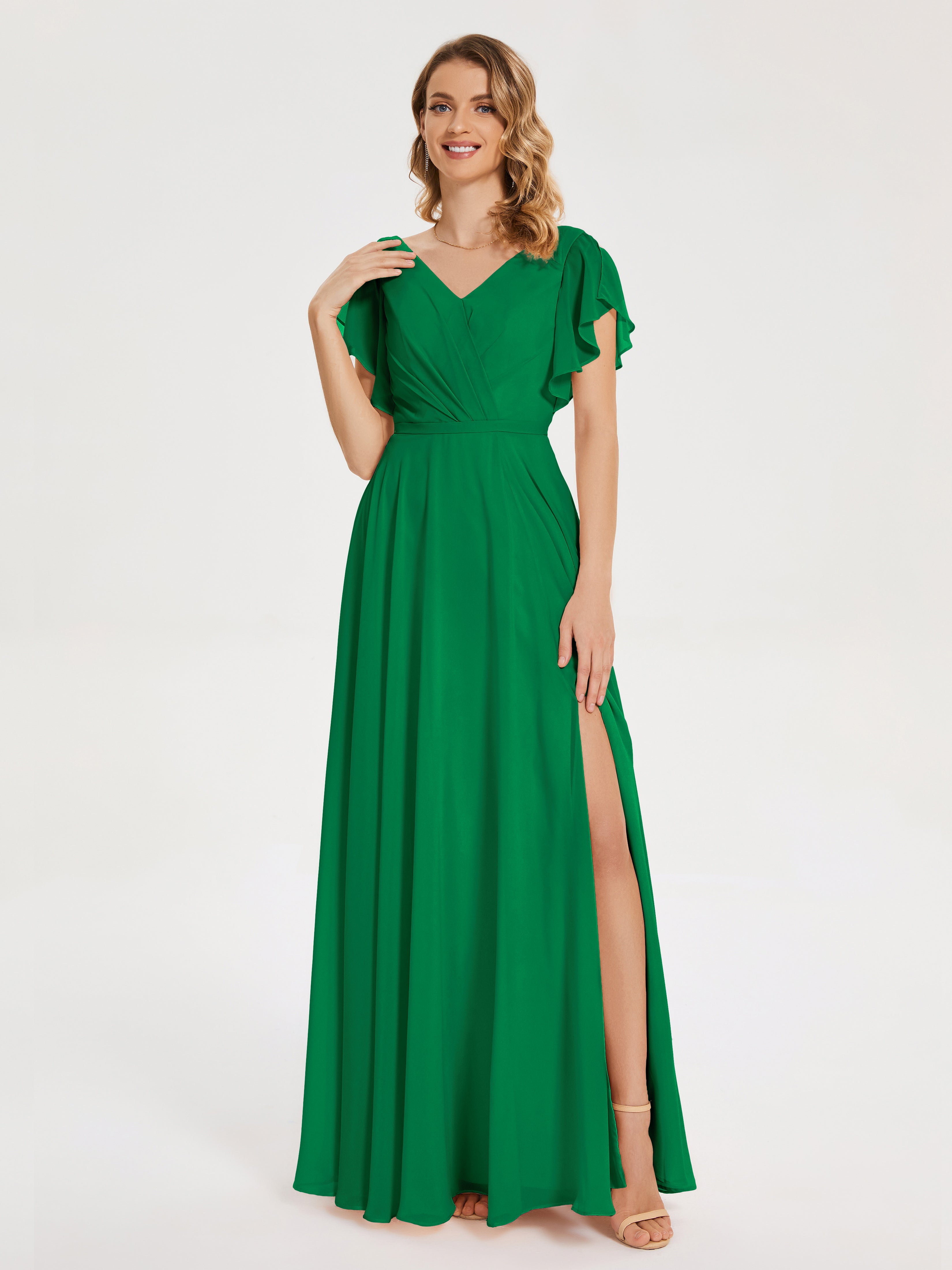 Demoiselle D Honneur Vert Émeraude Col V Fendue Mousseline Robes Demoiselle D'Honneur À Volants