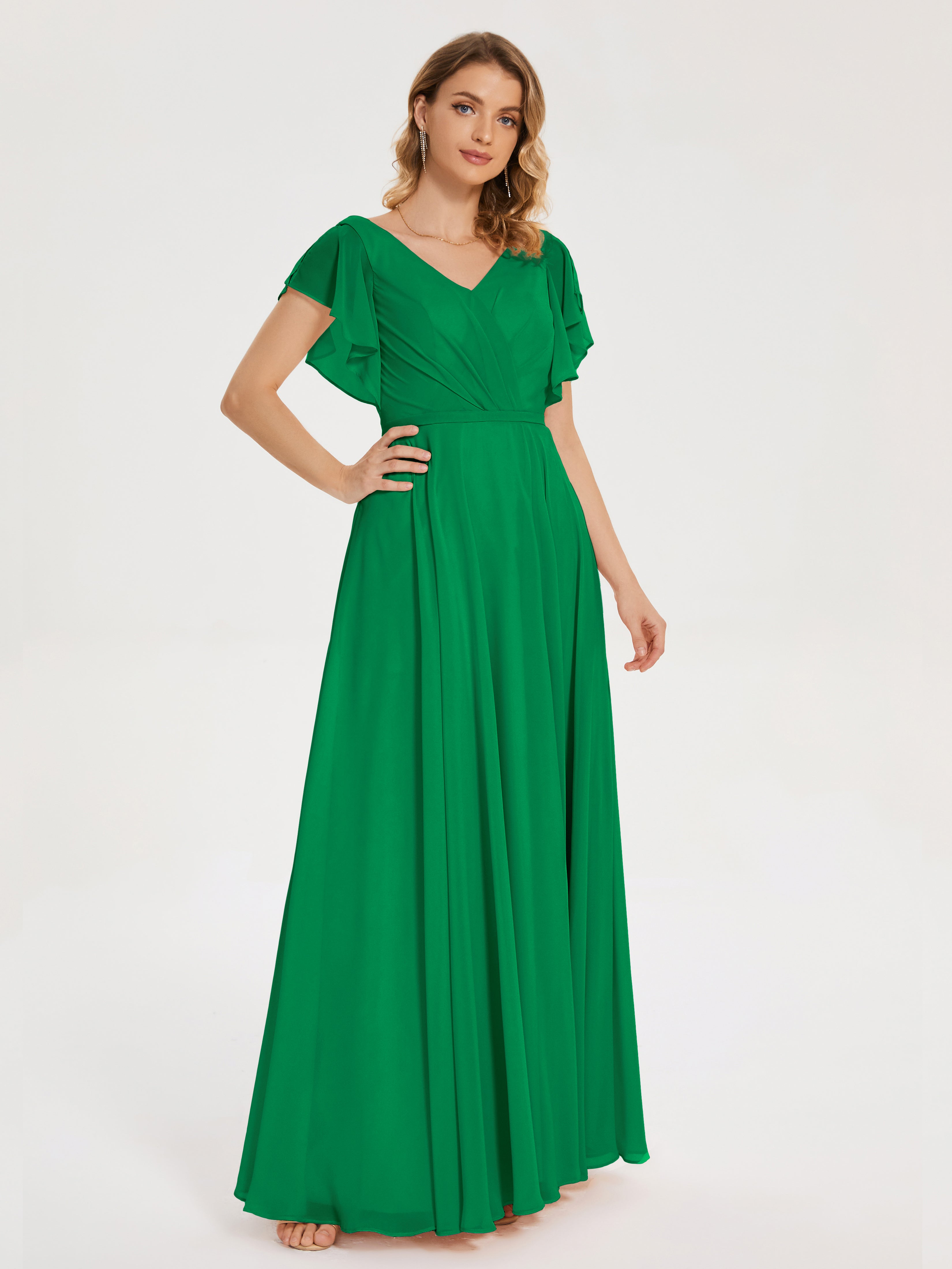 Demoiselle D Honneur Vert Émeraude Col V Fendue Mousseline Robes Demoiselle D'Honneur À Volants