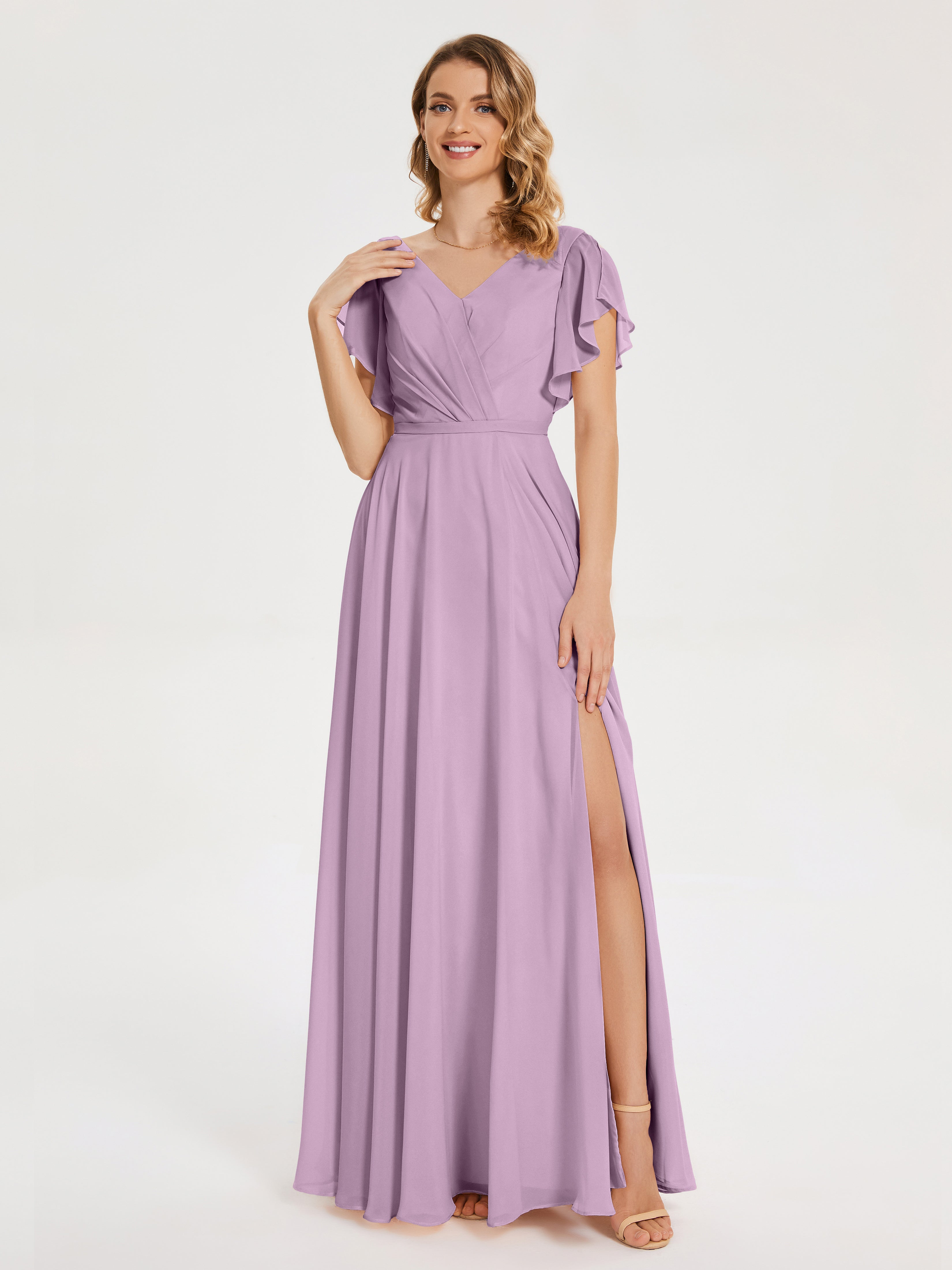 Robes De Demoiselle D'Honneur Glycine Col V Fendue Mousseline Robes Demoiselle D'Honneur À Volants