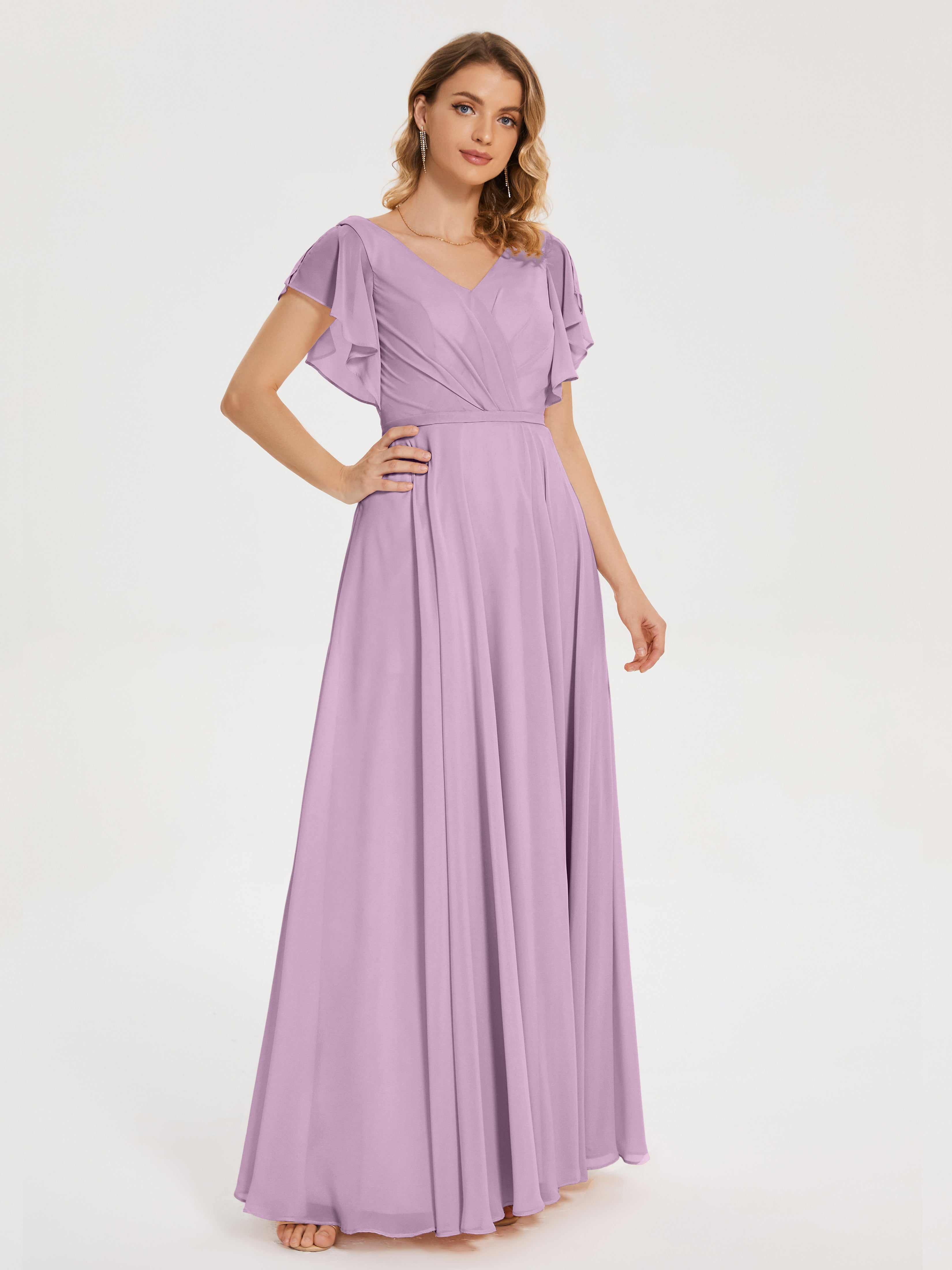Robes De Demoiselle D'Honneur Glycine Col V Fendue Mousseline Robes Demoiselle D'Honneur À Volants