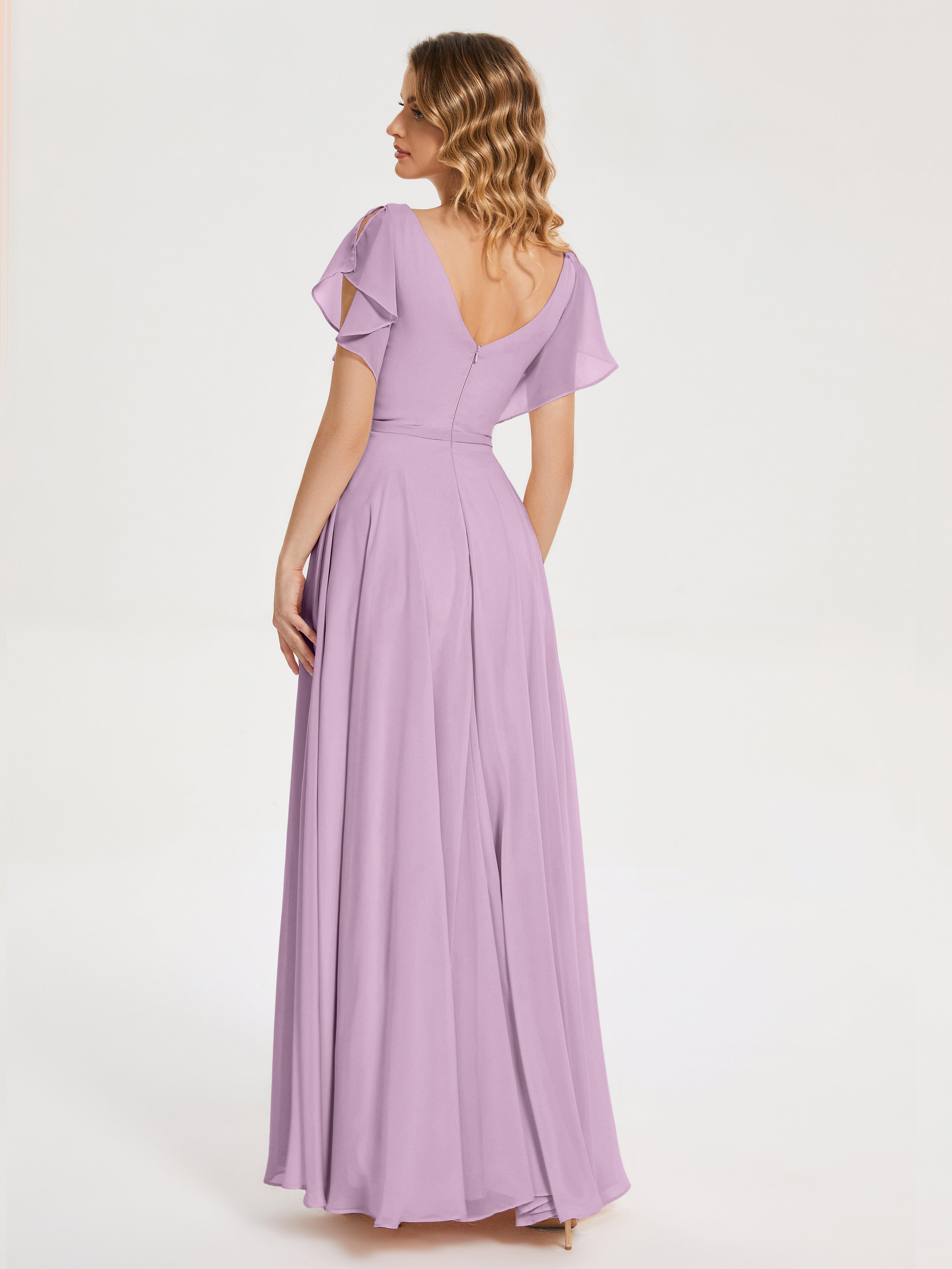 Robes De Demoiselle D'Honneur Glycine Col V Fendue Mousseline Robes Demoiselle D'Honneur À Volants