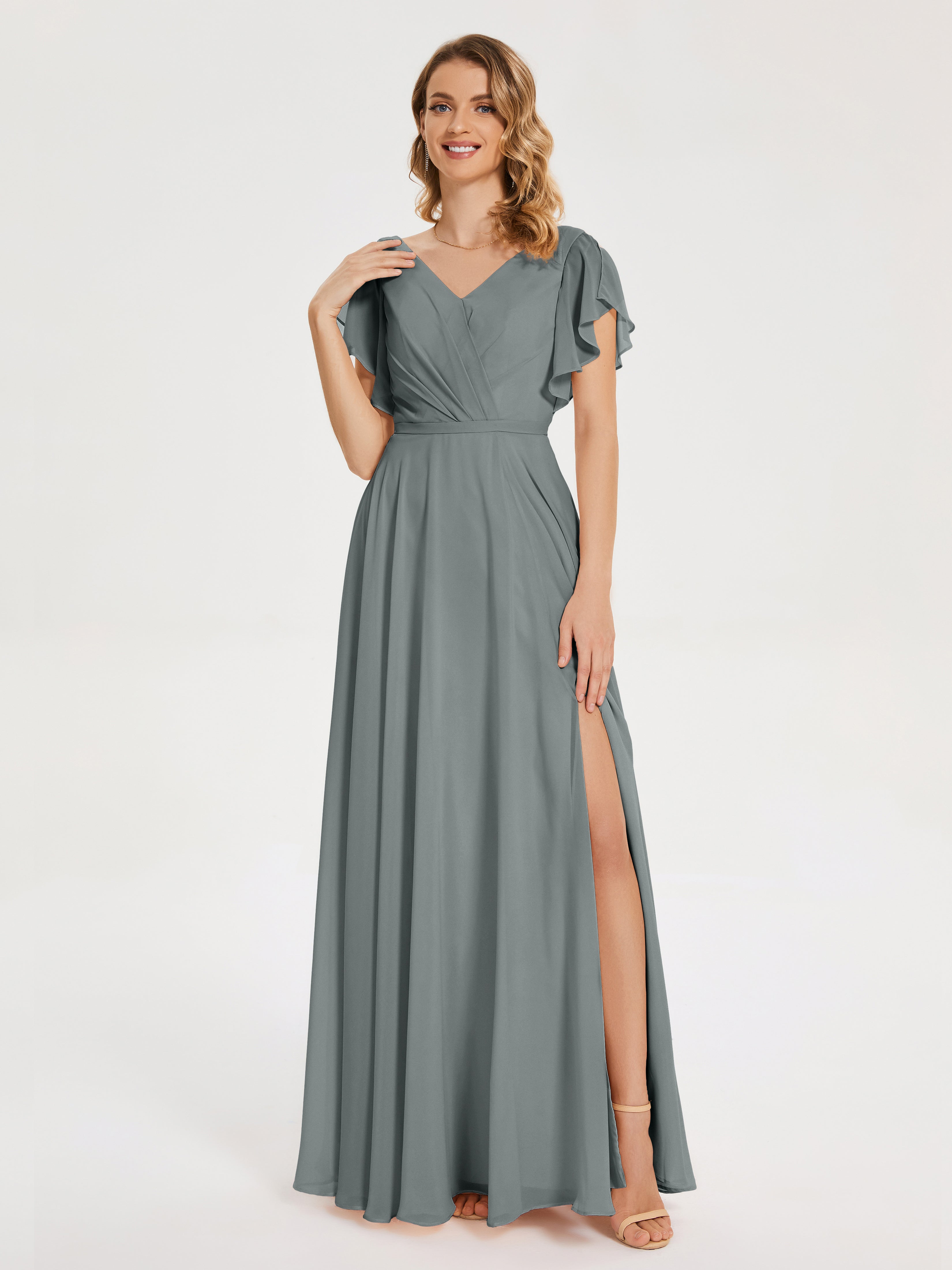 Robe Demoiselle D Honneur Gris Col V Fendue Mousseline Robes Demoiselle D'Honneur À Volants