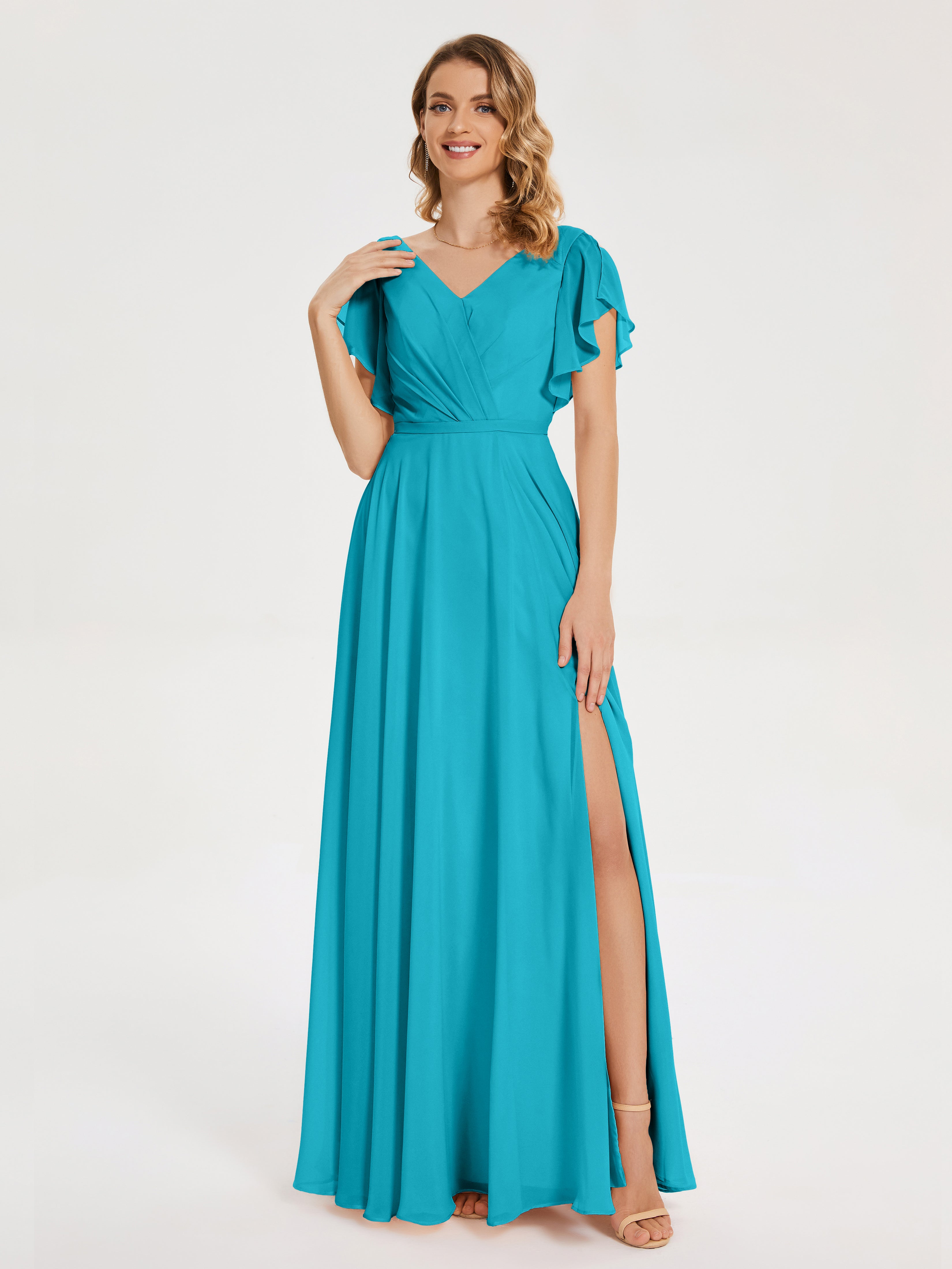 Robes De Demoiselle D'Honneur Vert Jade Col V Fendue Mousseline Robes Demoiselle D'Honneur À Volants