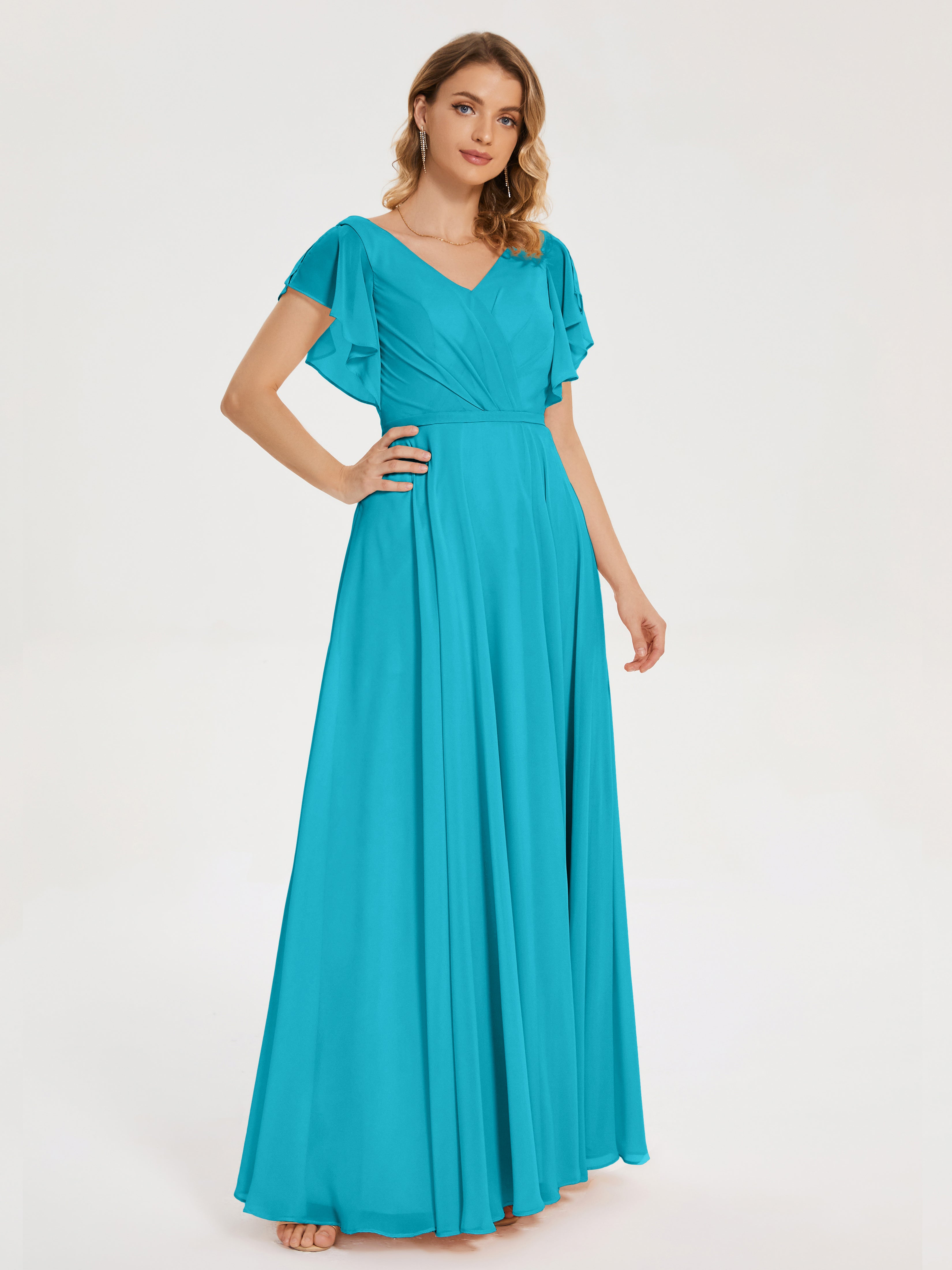 Robes De Demoiselle D'Honneur Vert Jade Col V Fendue Mousseline Robes Demoiselle D'Honneur À Volants