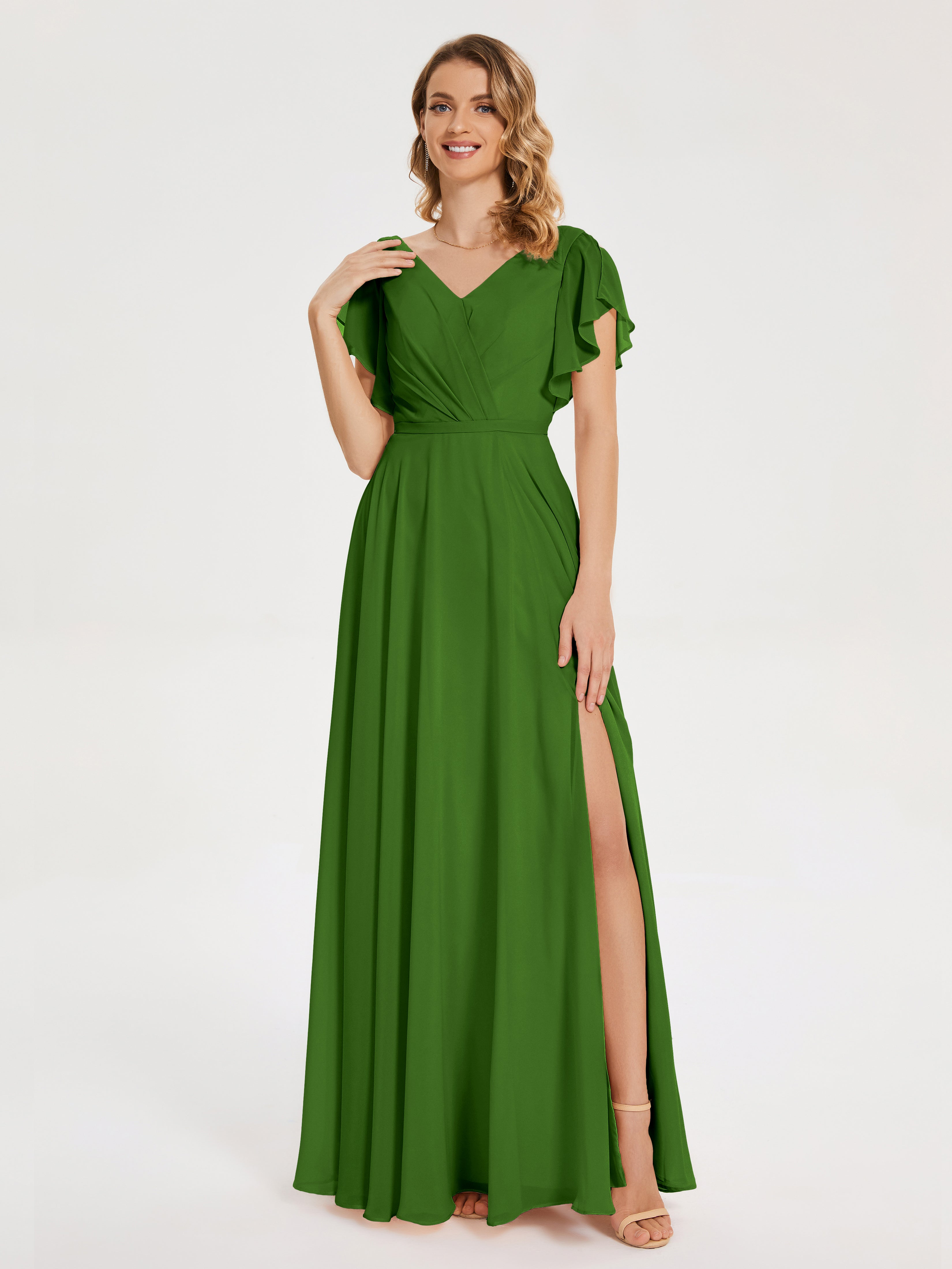 Robes De Demoiselle D'Honneur Vert Mousse Col V Fendue Mousseline Robes Demoiselle D'Honneur À Volants