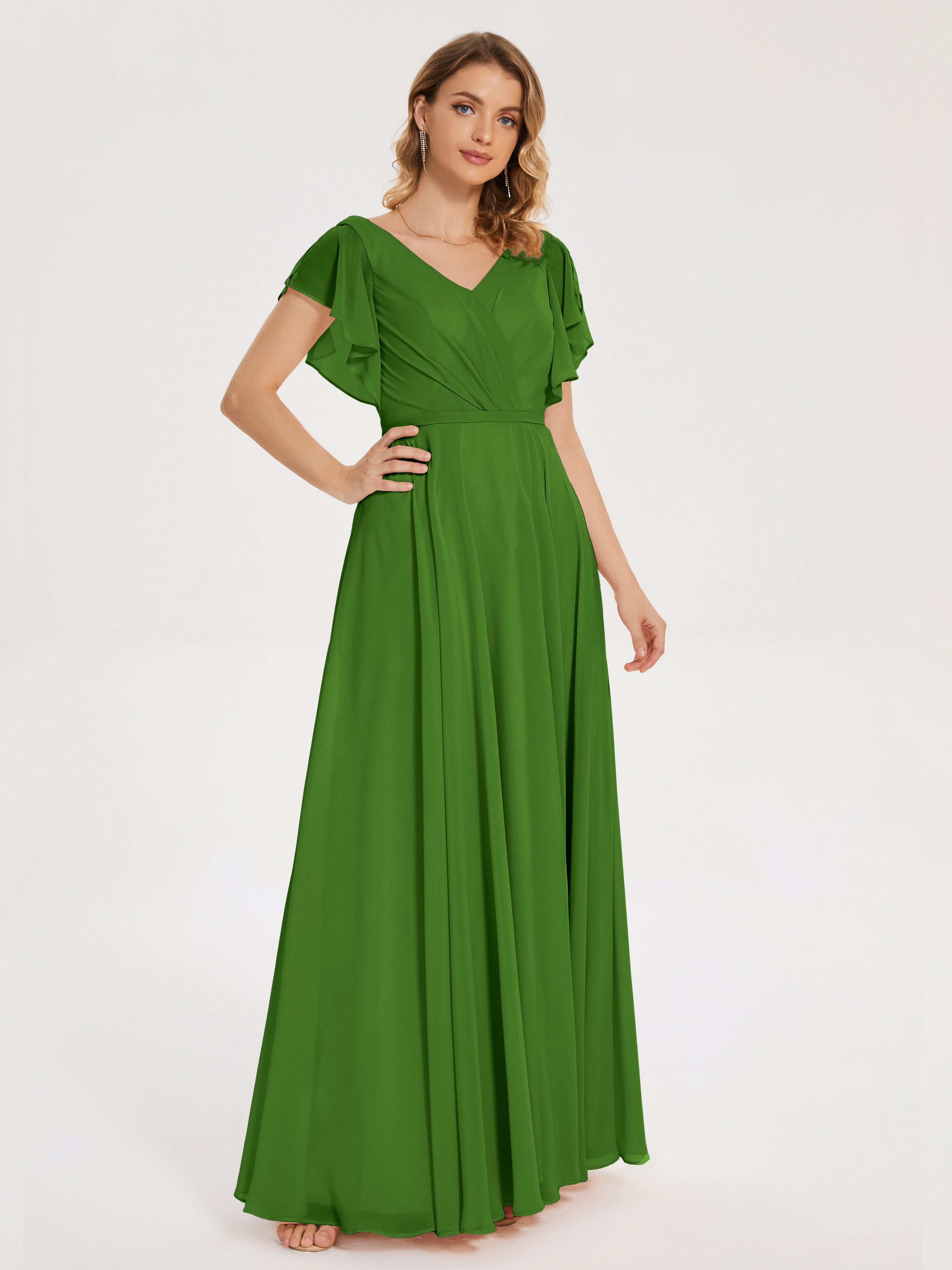 Robes De Demoiselle D'Honneur Vert Mousse Col V Fendue Mousseline Robes Demoiselle D'Honneur À Volants