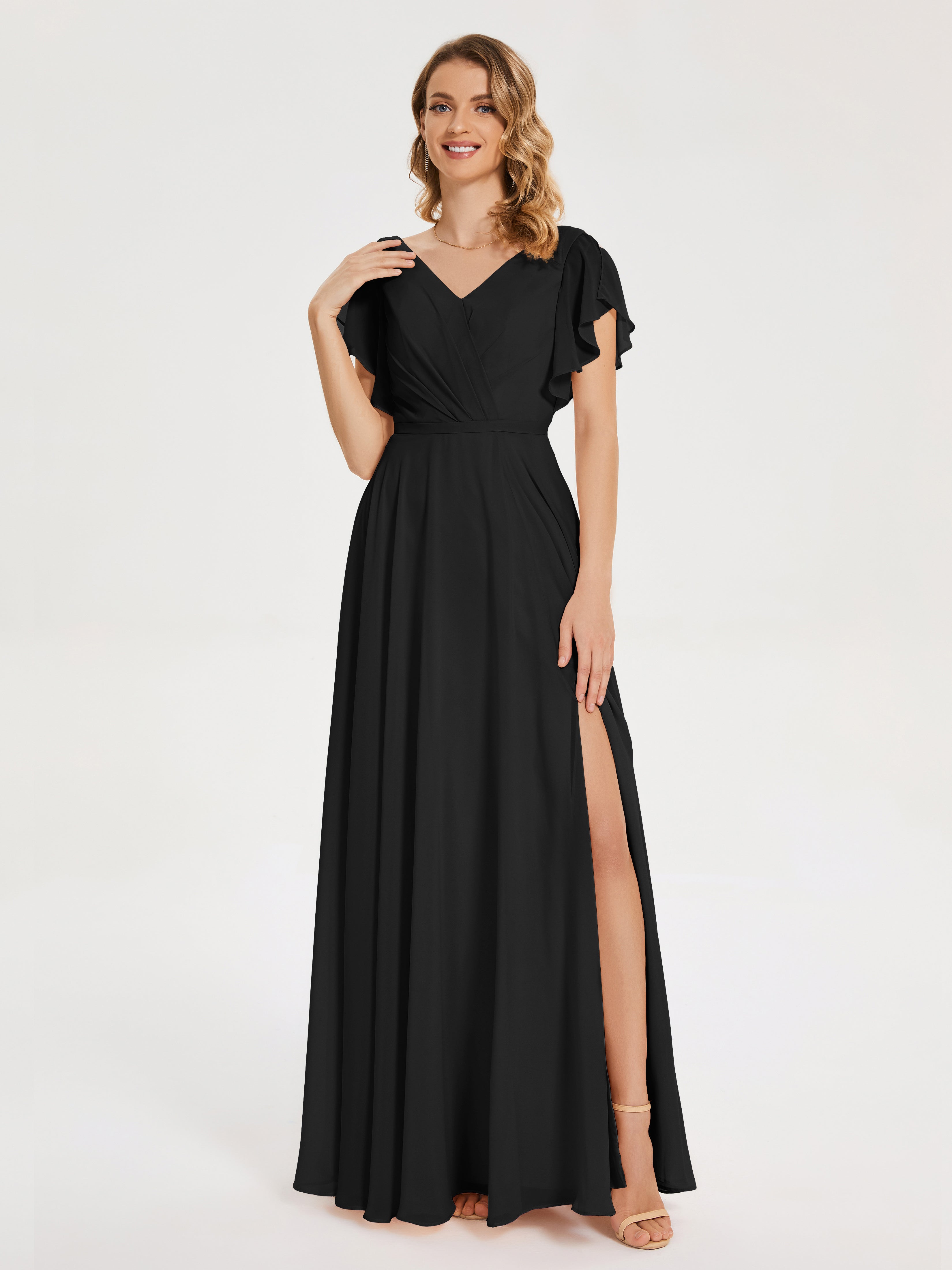 Demoiselle D Honneur Robe Noire Col V Fendue Mousseline Robes Demoiselle D'Honneur À Volants
