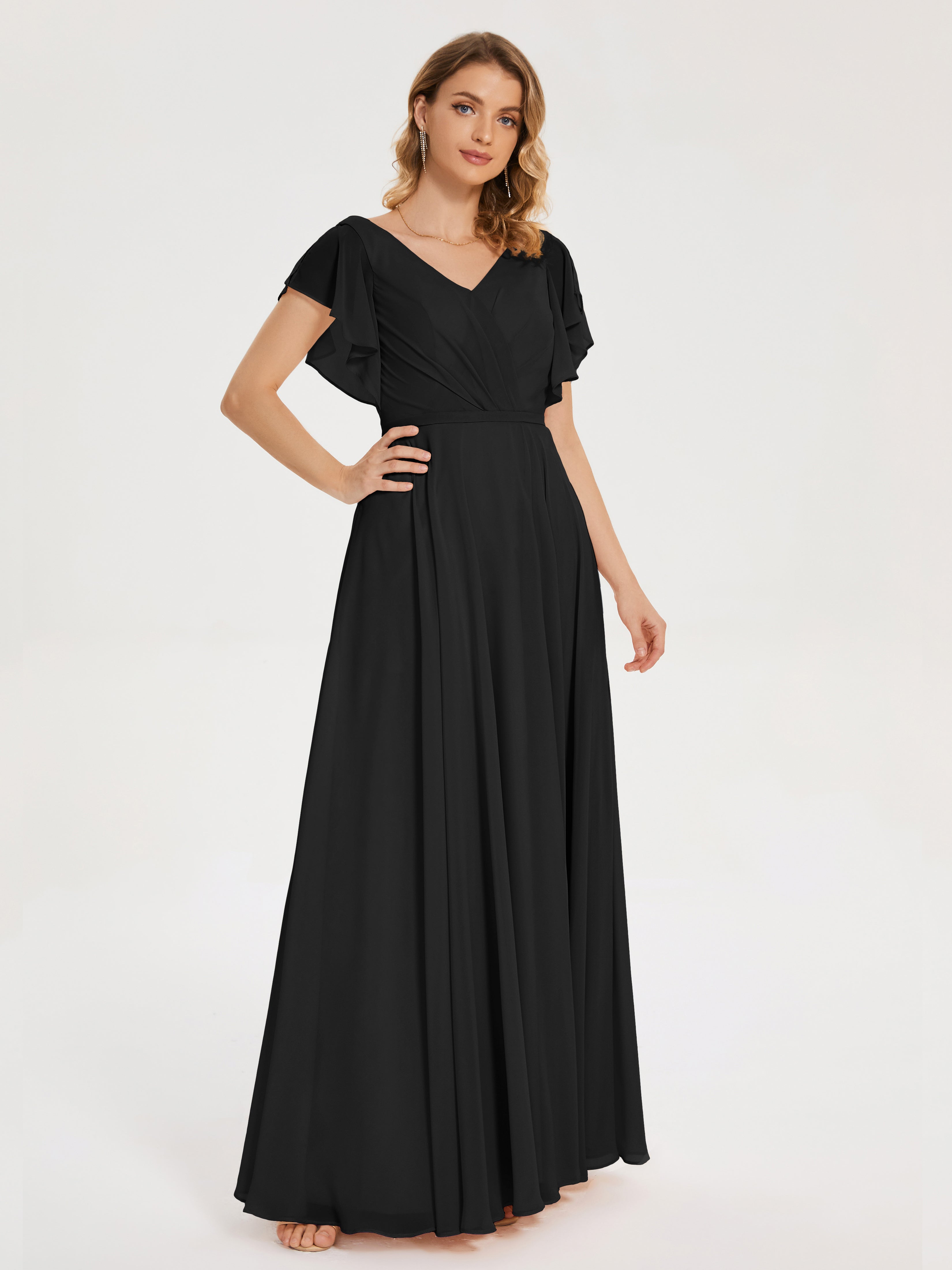 Demoiselle D Honneur Robe Noire Col V Fendue Mousseline Robes Demoiselle D'Honneur À Volants