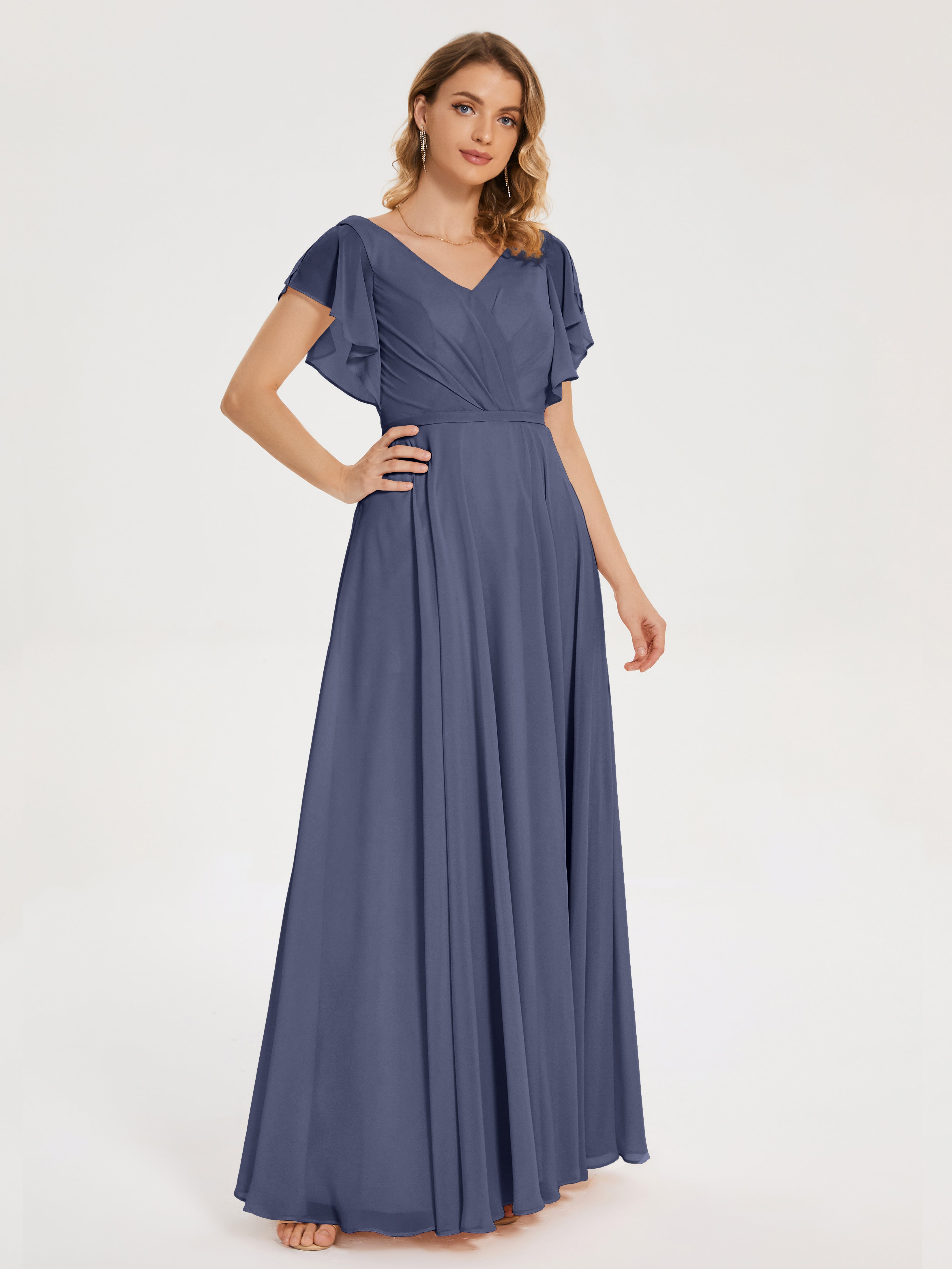 Robes De Demoiselle D'Honneur Bleu Orageux Col V Fendue Mousseline Robes Demoiselle D'Honneur À Volants
