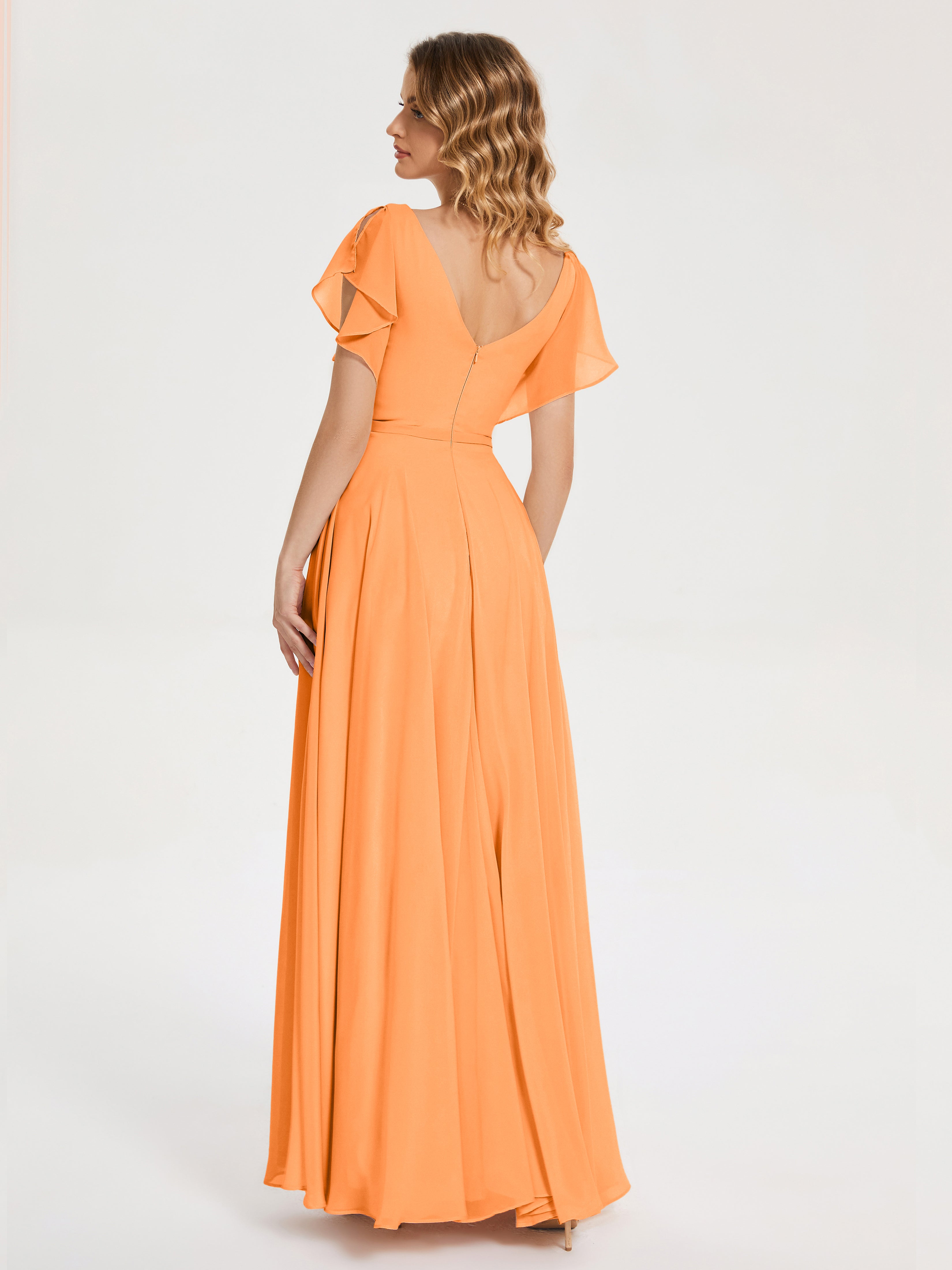 Robe Demoiselle D Honneur Orange Vif Col V Fendue Mousseline Robes Demoiselle D'Honneur À Volants