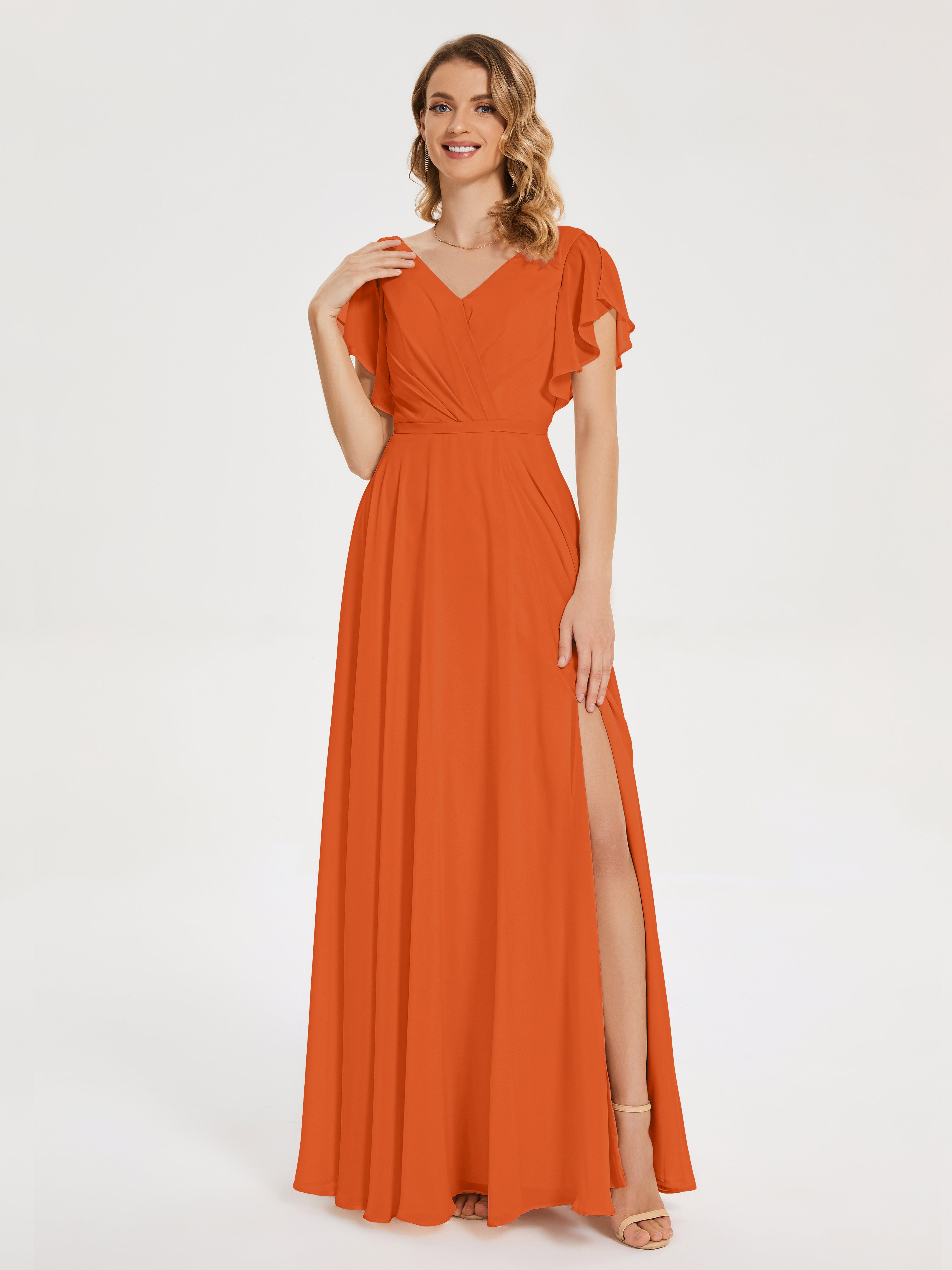 Robes De Demoiselle D'Honneur Orange Foncé Col V Fendue Mousseline Robes Demoiselle D'Honneur À Volants