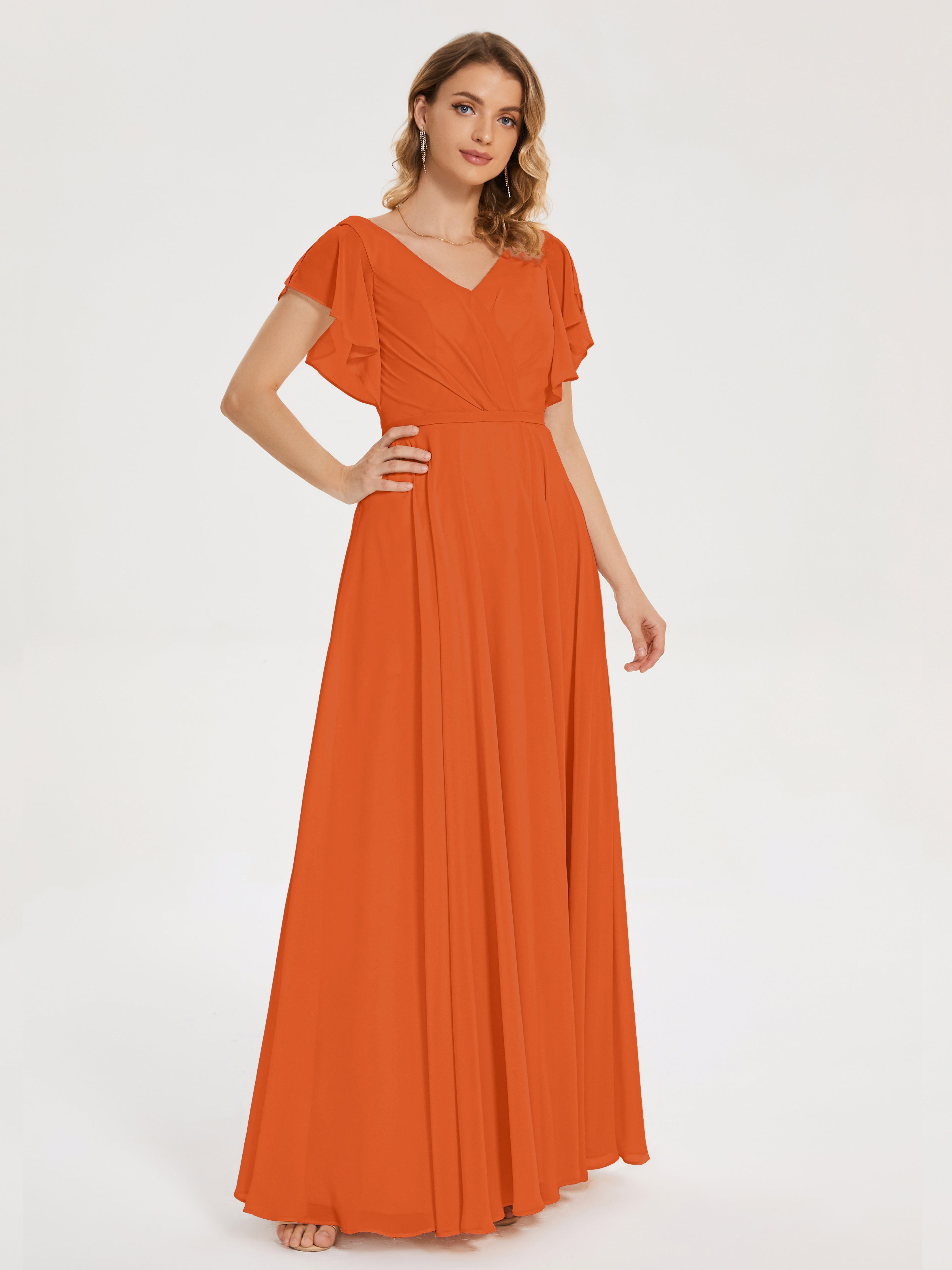 Robes De Demoiselle D'Honneur Orange Foncé Col V Fendue Mousseline Robes Demoiselle D'Honneur À Volants