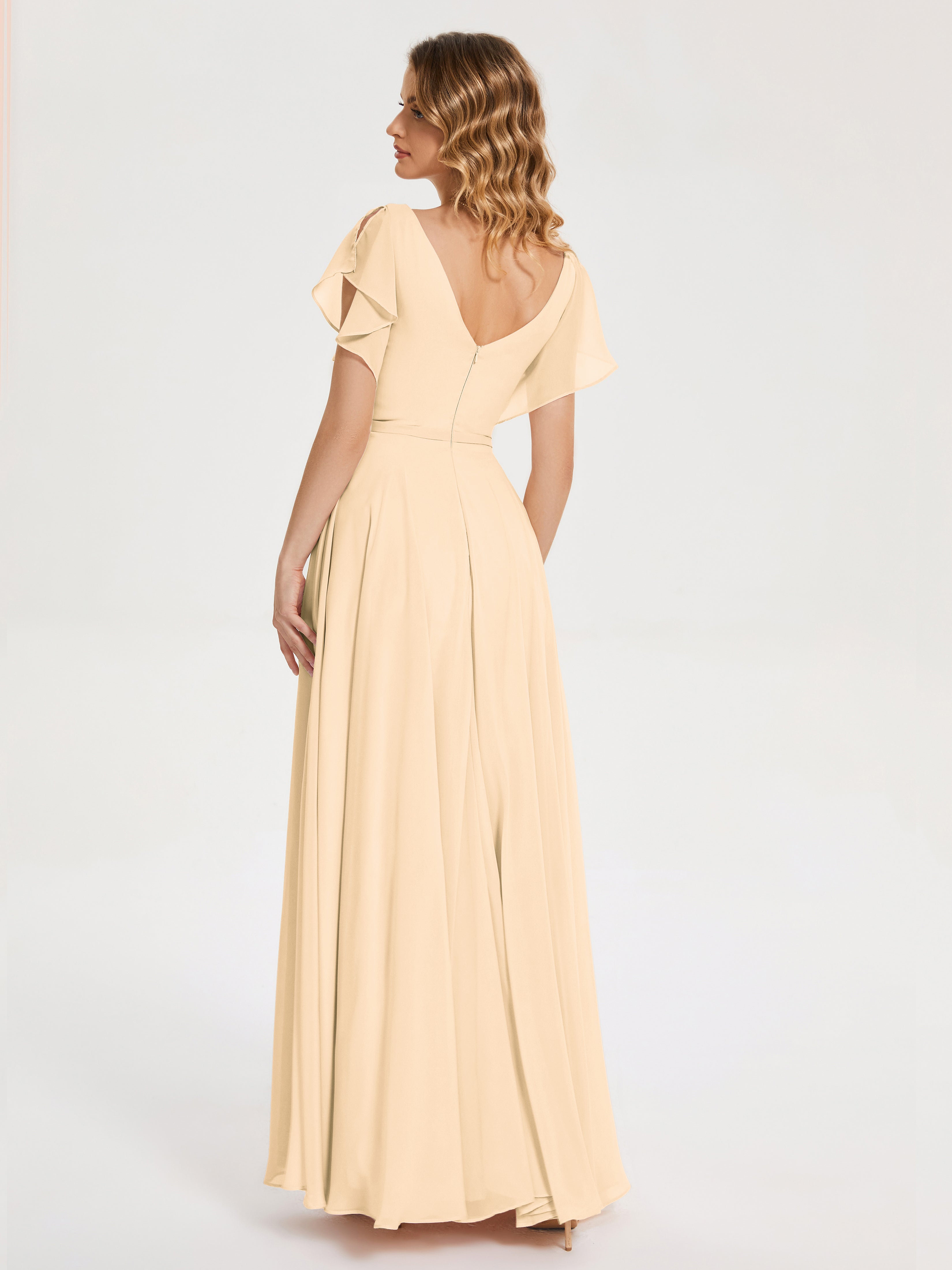 Robe Demoiselle D Honneur Couleur Peche Col V Fendue Mousseline Robes Demoiselle D'Honneur À Volants