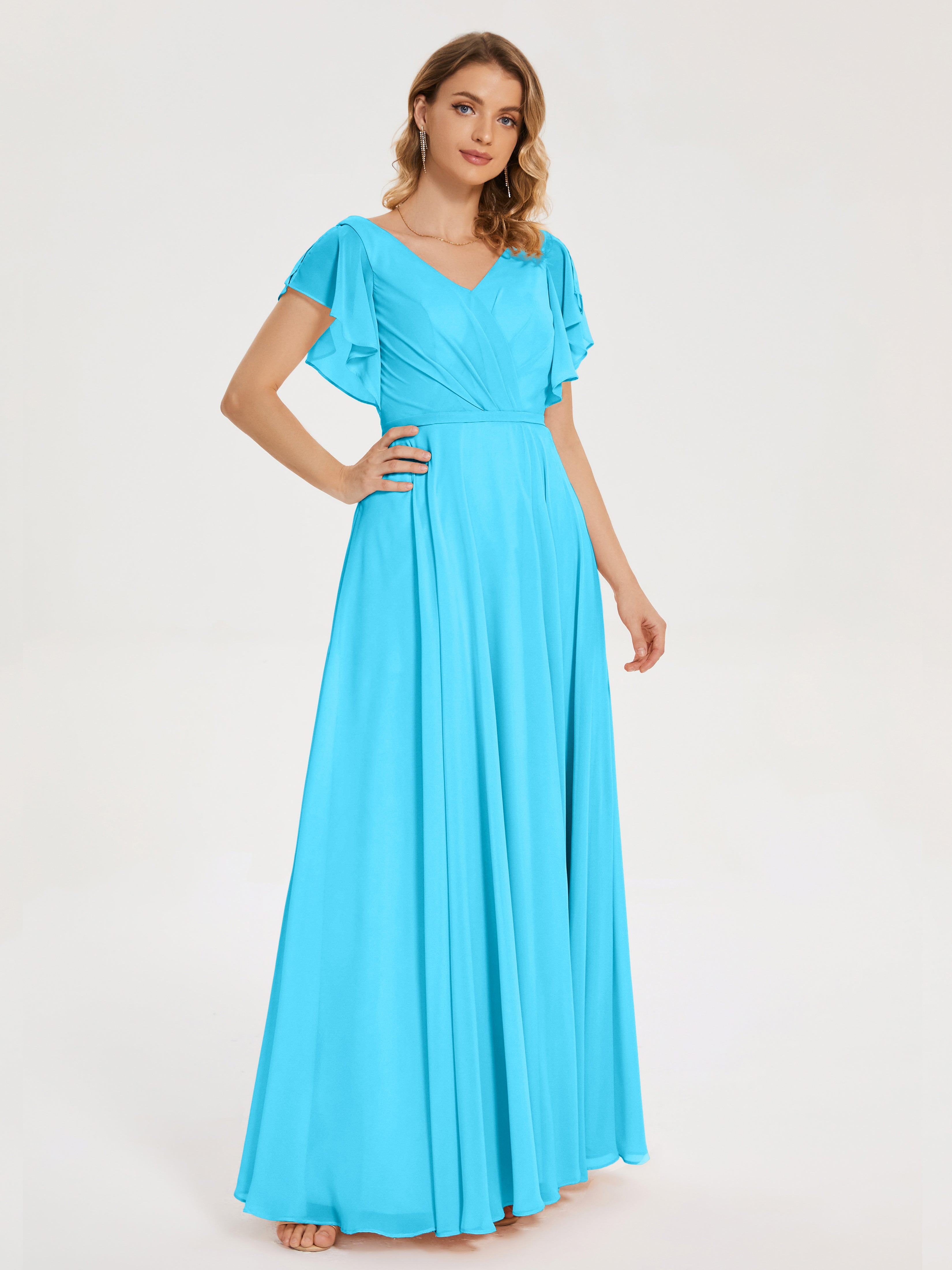 Robe De Demoiselle D'Honneur En Piscine Col V Fendue Mousseline Robes Demoiselle D'Honneur À Volants