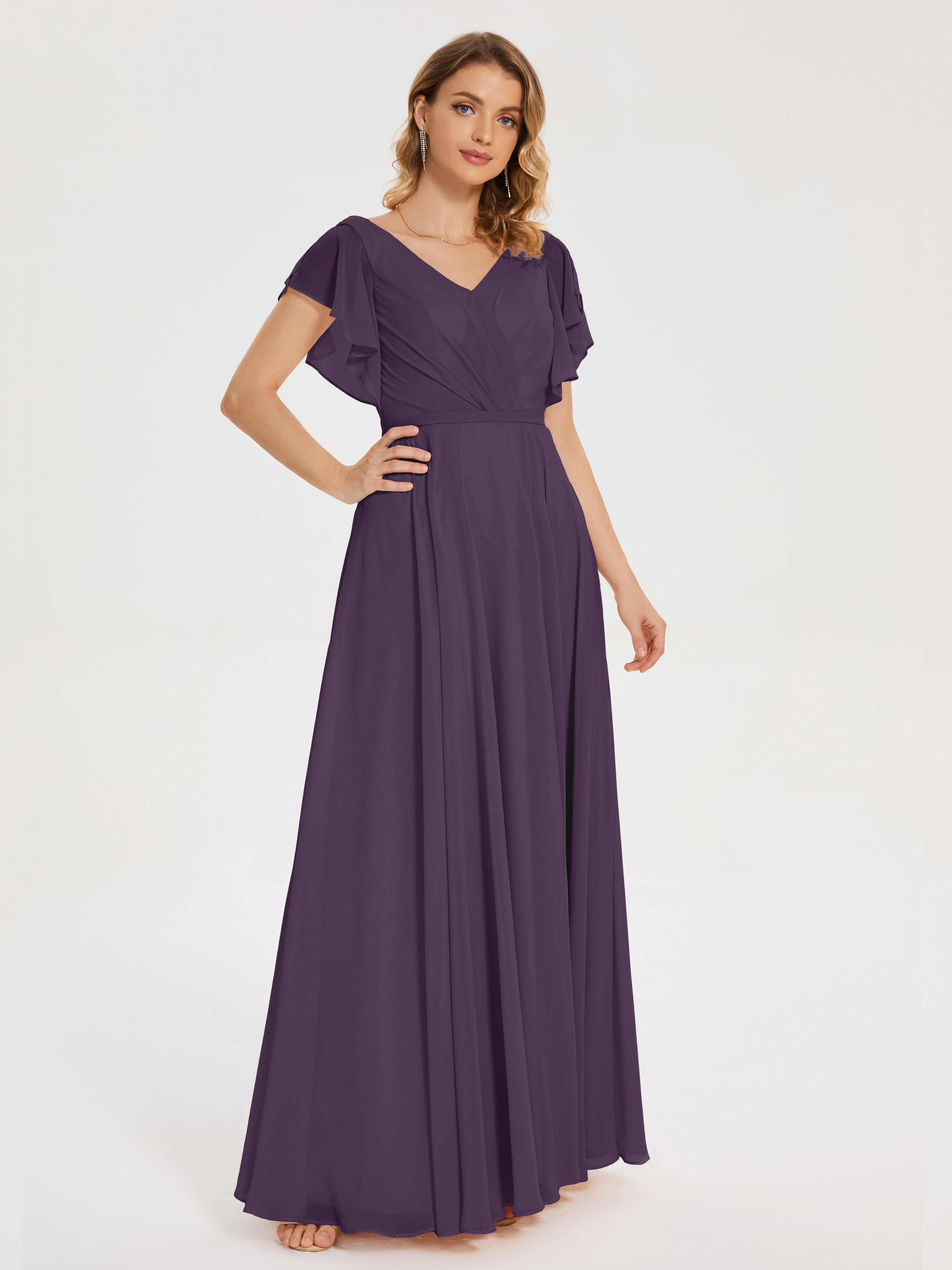 Robe De Demoiselle D'Honneur En Plum Col V Fendue Mousseline Robes Demoiselle D'Honneur À Volants