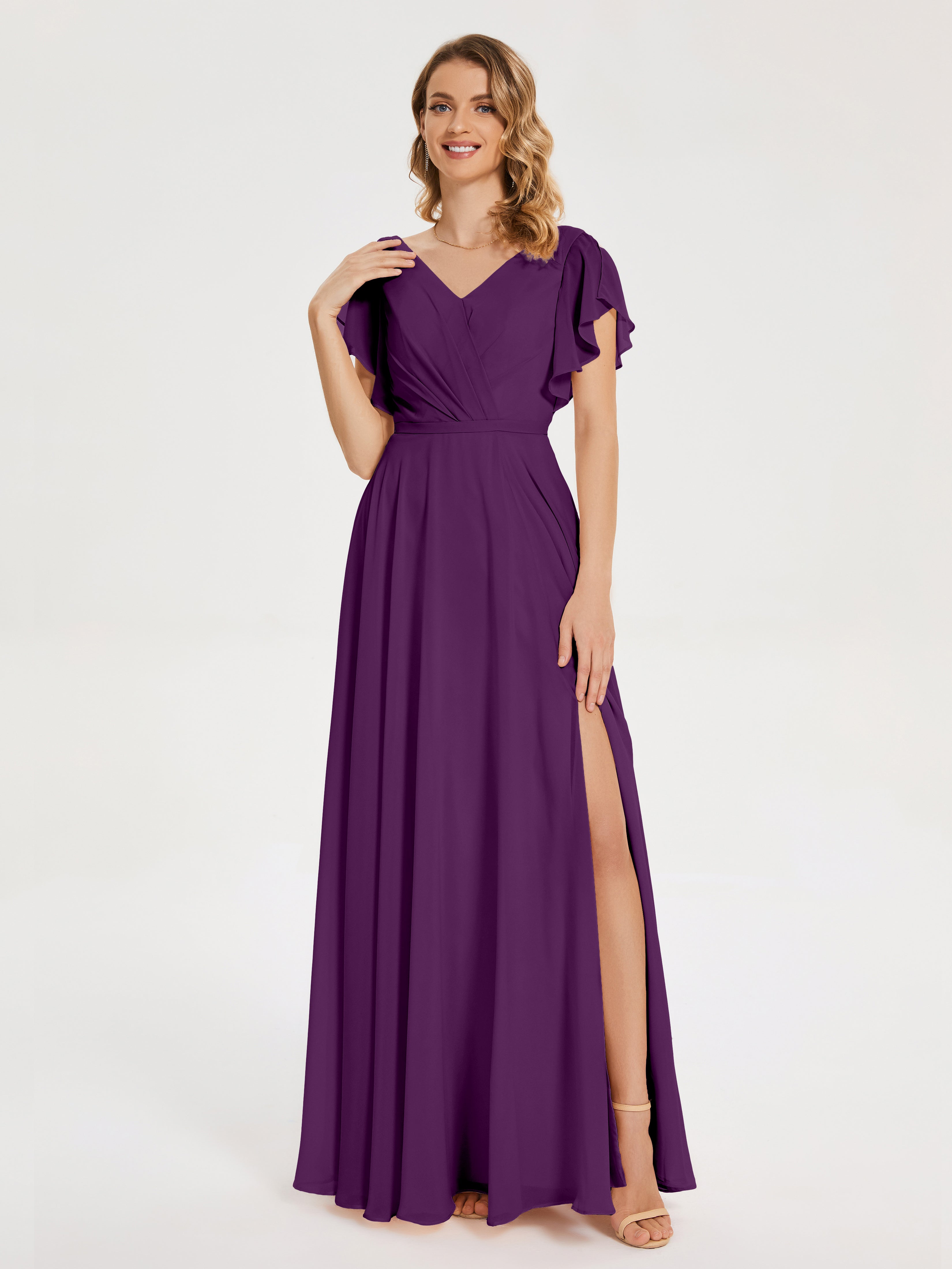 Robes De Demoiselle D'Honneur En Raisin Col V Fendue Mousseline Robes Demoiselle D'Honneur À Volants