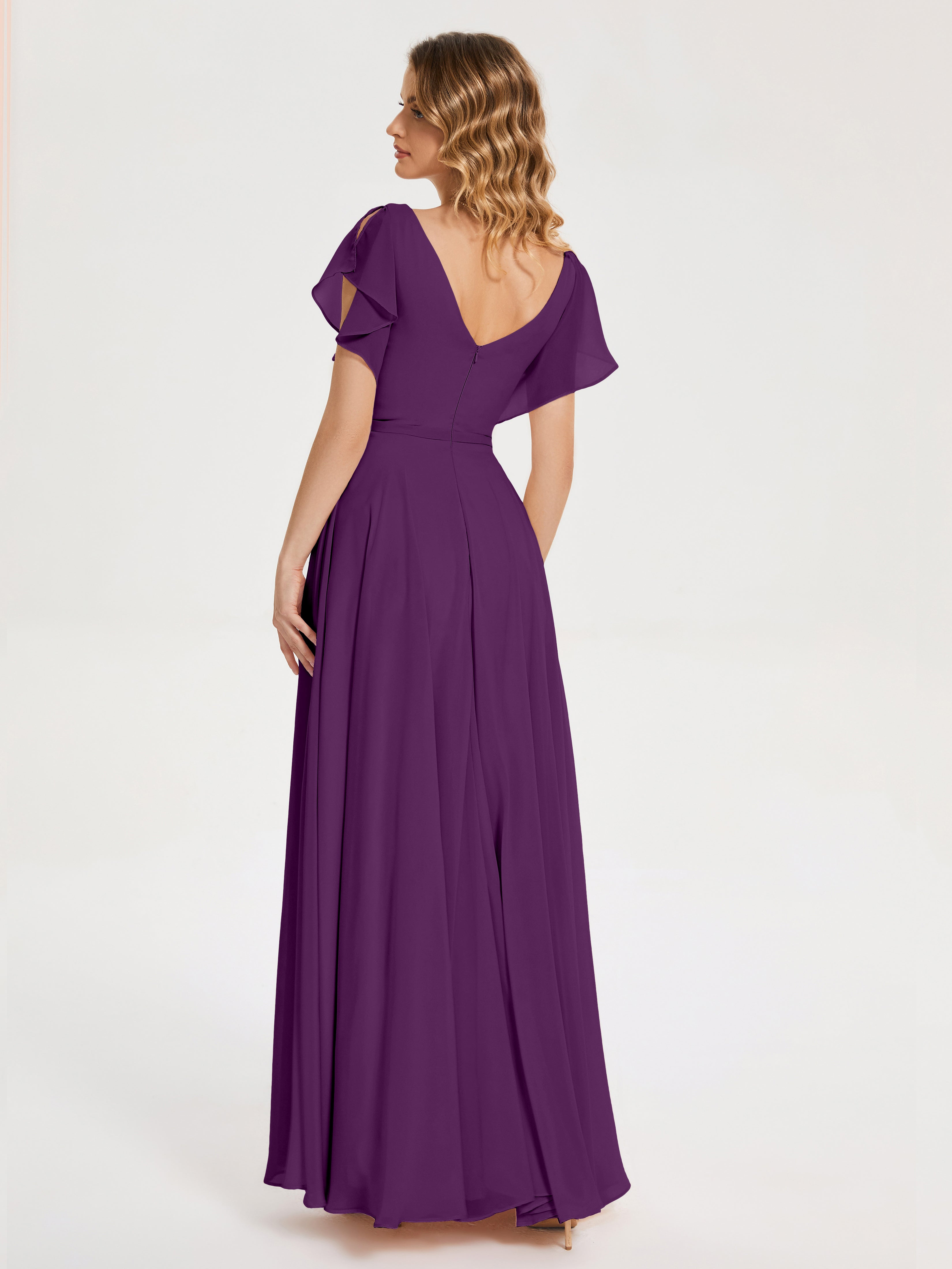 Robes De Demoiselle D'Honneur En Raisin Col V Fendue Mousseline Robes Demoiselle D'Honneur À Volants