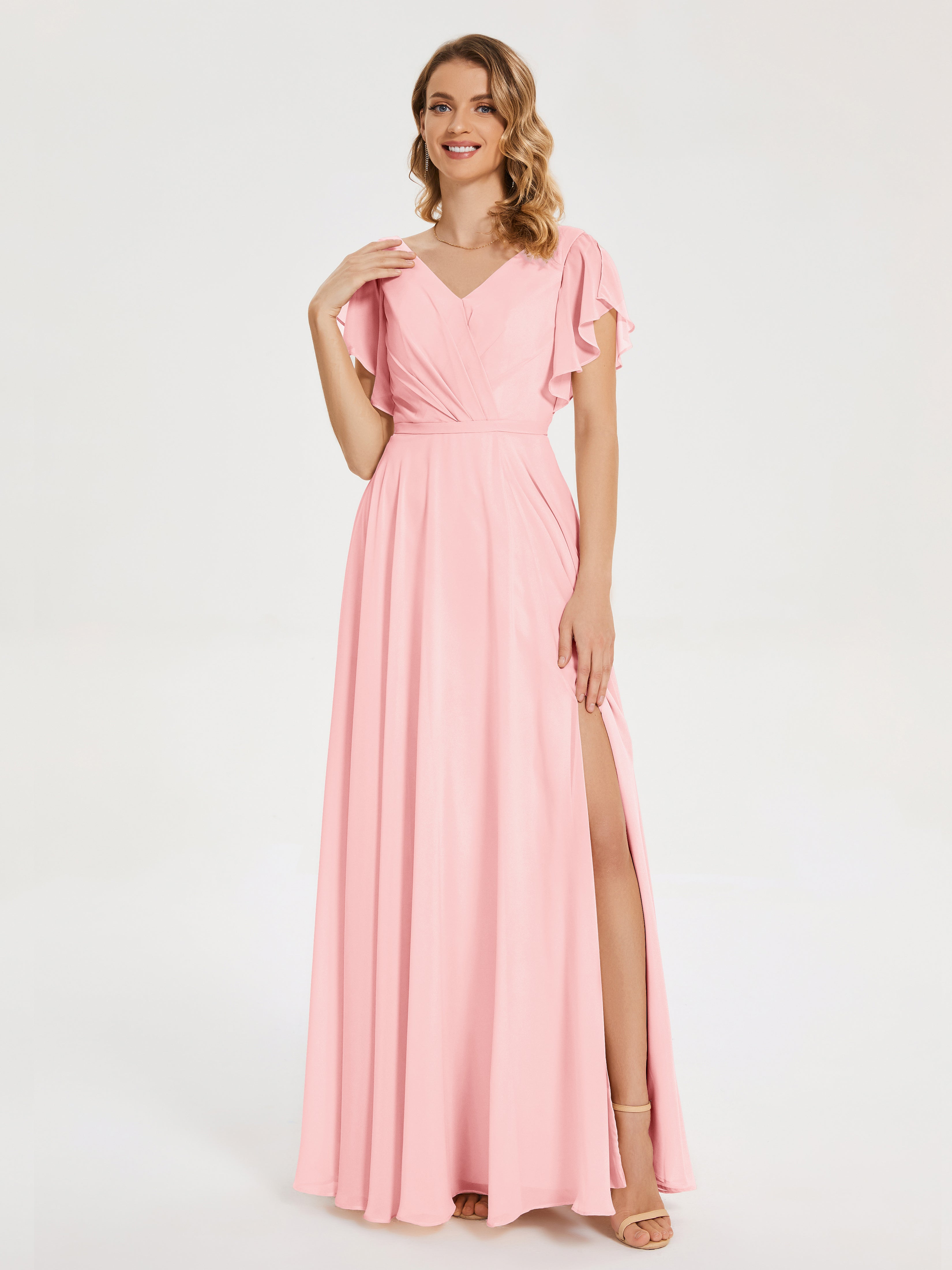 Robes De Demoiselle D'Honneur Rose Doux Col V Fendue Mousseline Robes Demoiselle D'Honneur À Volants