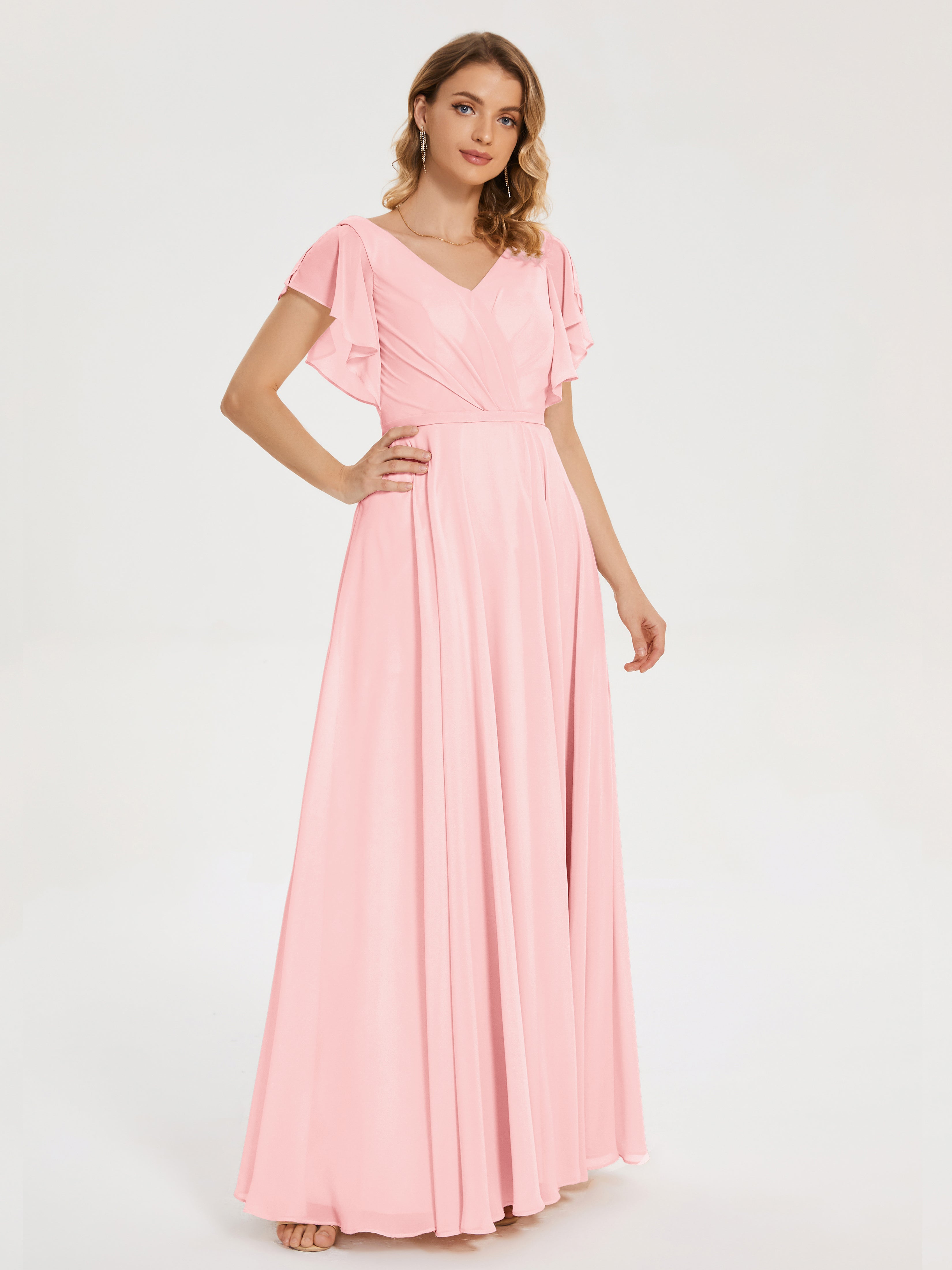 Robes De Demoiselle D'Honneur Rose Doux Col V Fendue Mousseline Robes Demoiselle D'Honneur À Volants