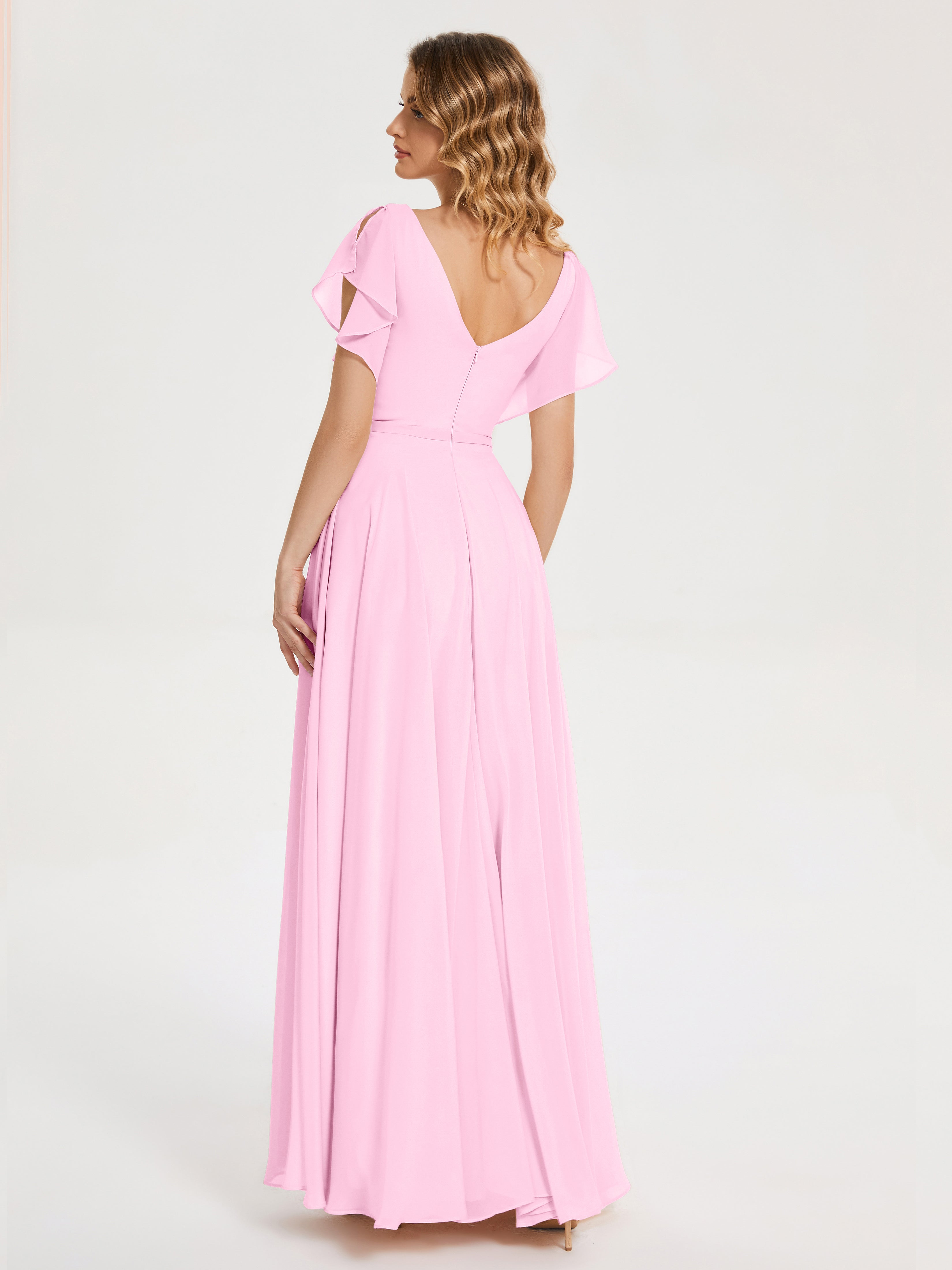 Robes De Demoiselle D'Honneur Rose Bonbon Col V Fendue Mousseline Robes Demoiselle D'Honneur À Volants