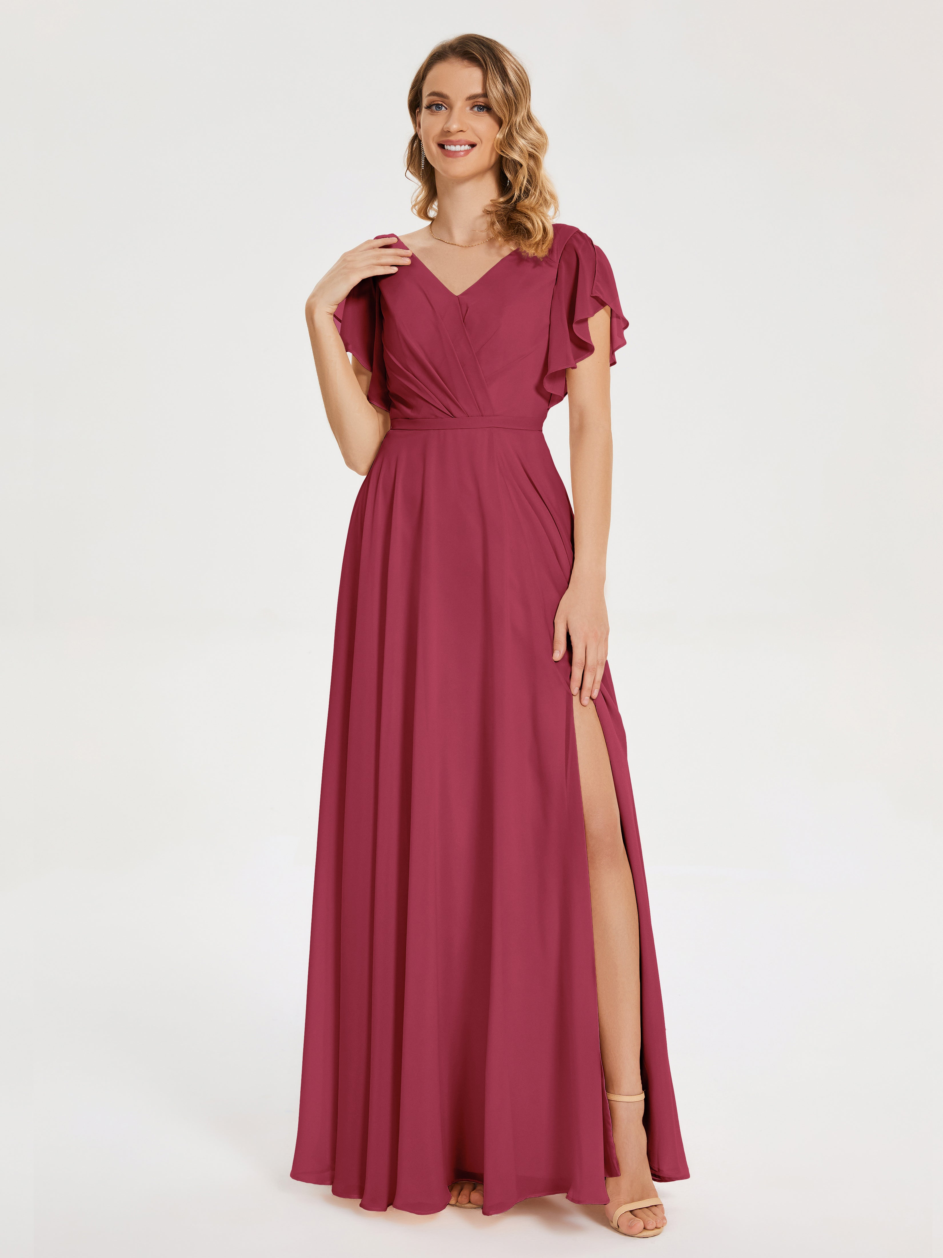 Robes De Demoiselle D'Honneur Rose Cannelle Col V Fendue Mousseline Robes Demoiselle D'Honneur À Volants