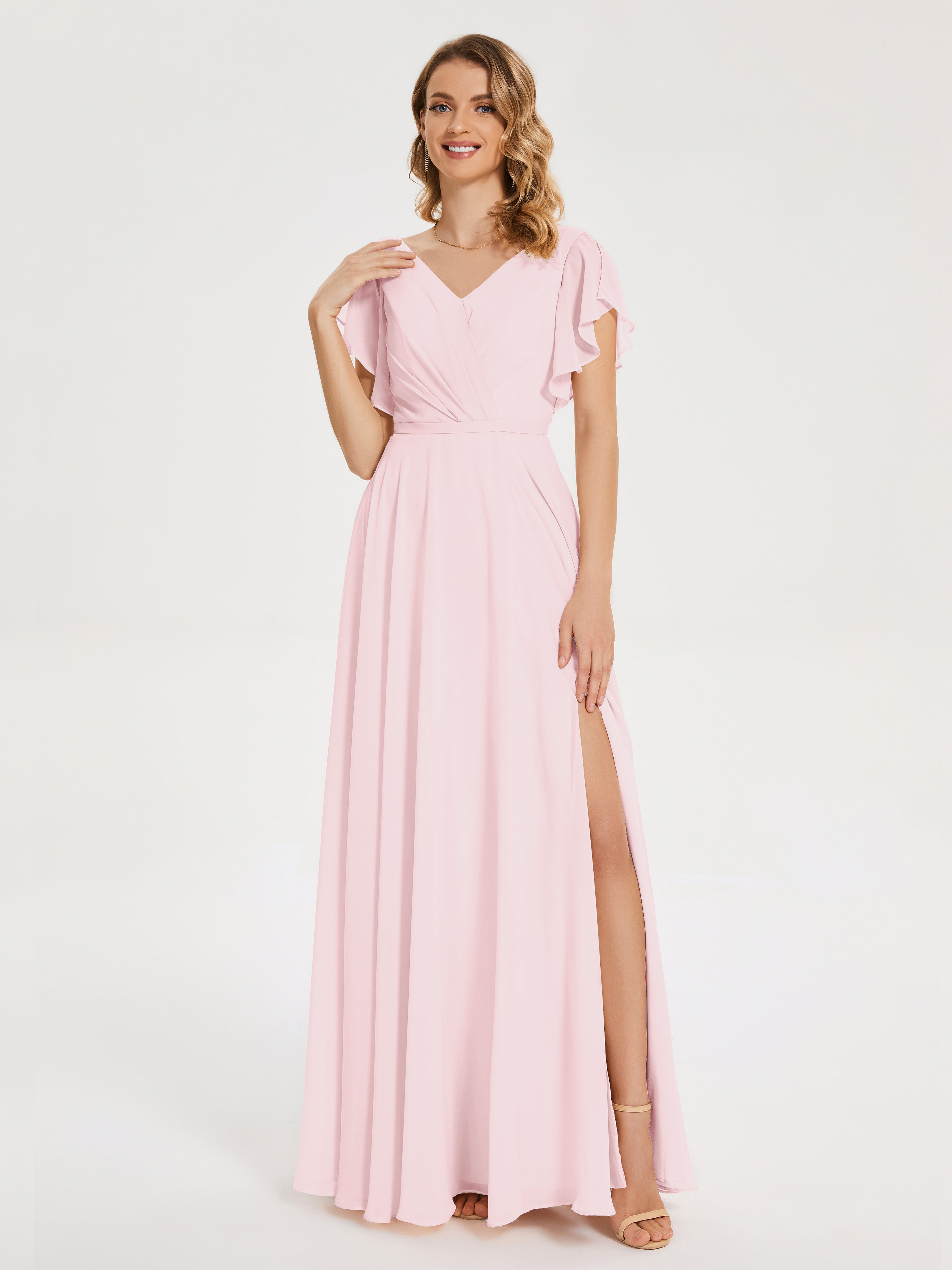 Robe Demoiselle D Honneur Rose Pale Col V Fendue Mousseline Robes Demoiselle D'Honneur À Volants