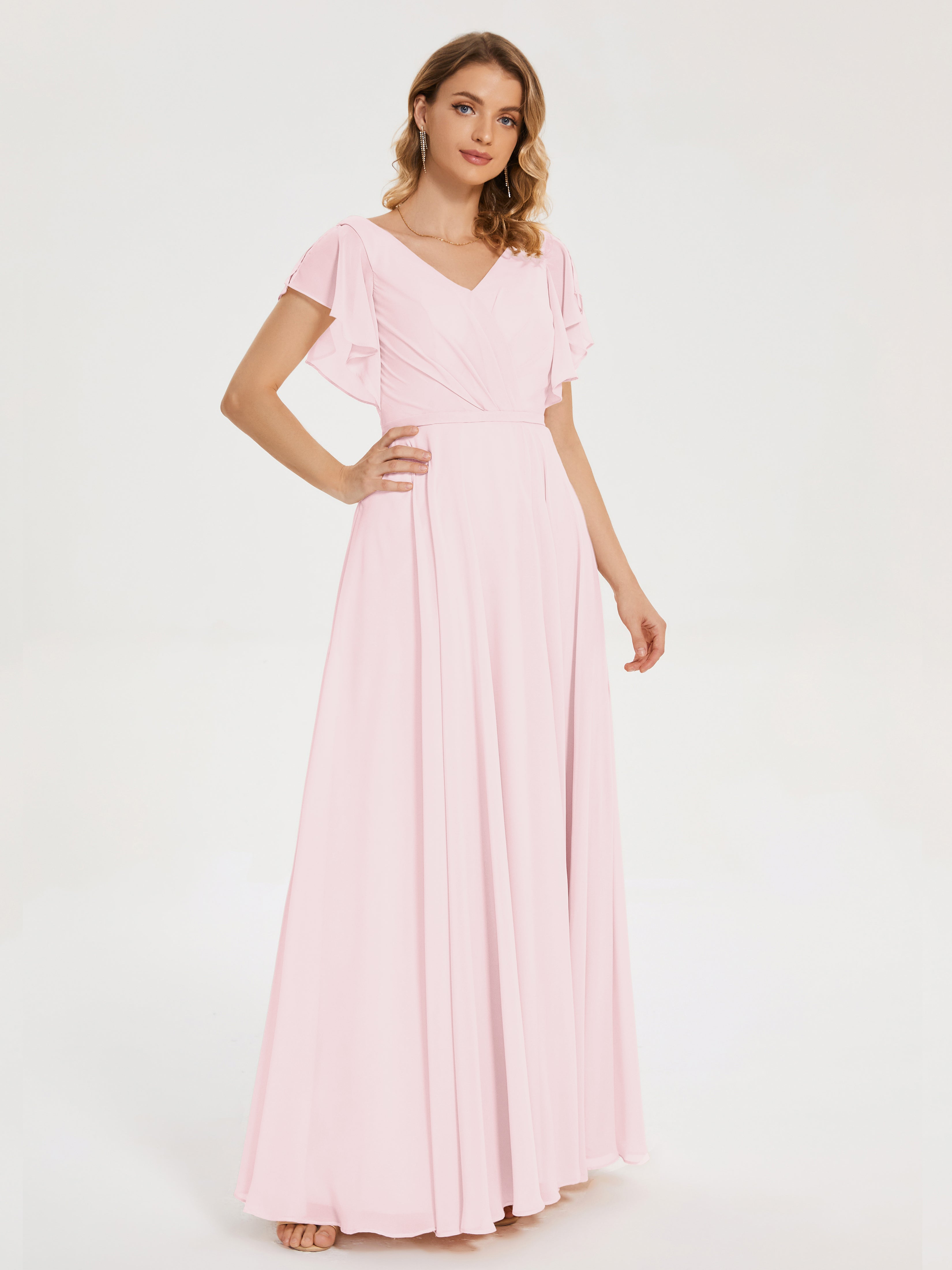 Robe Demoiselle D Honneur Rose Pale Col V Fendue Mousseline Robes Demoiselle D'Honneur À Volants