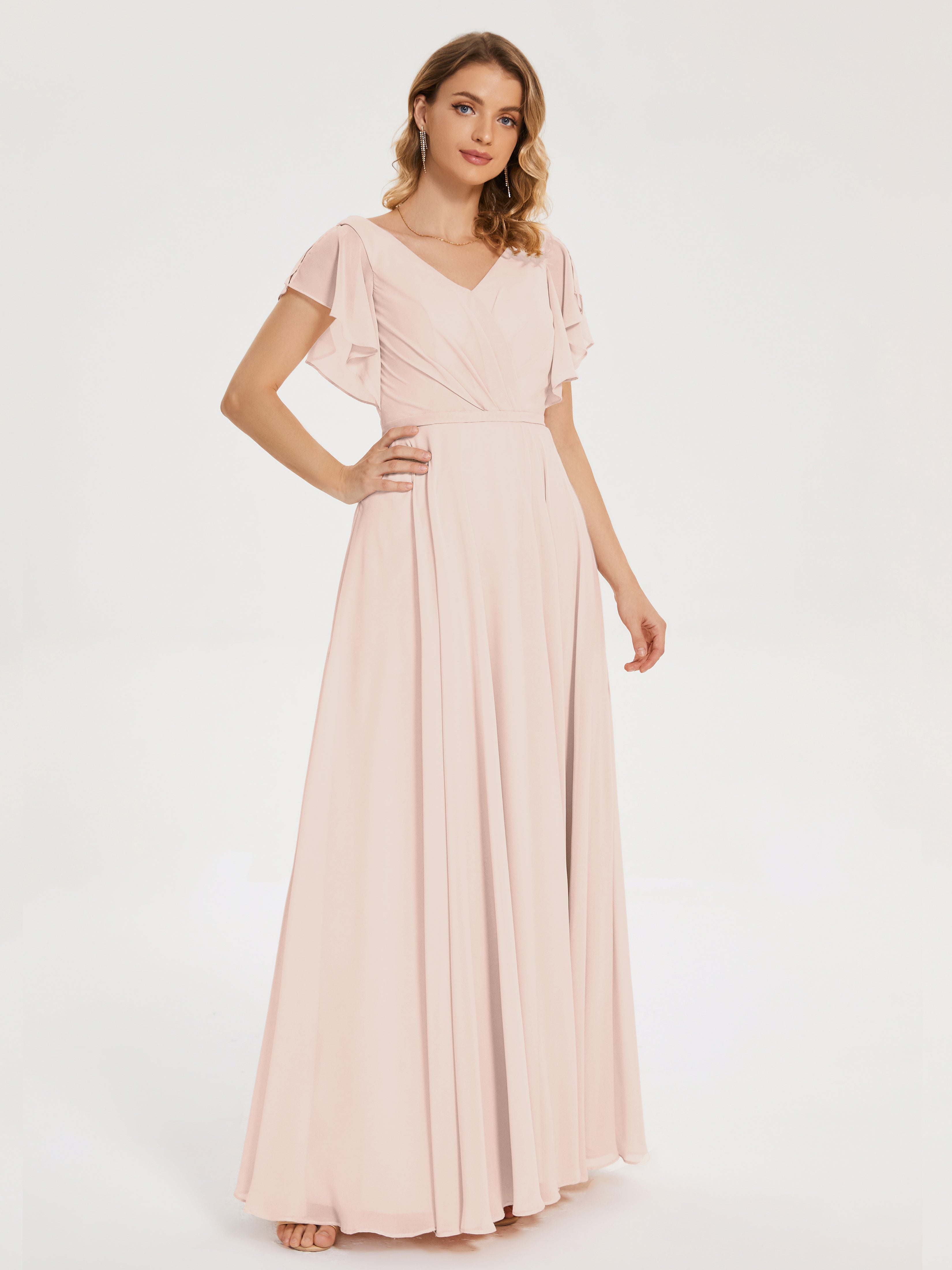 Robe De Demoiselle D'Honneur En Perles Col V Fendue Mousseline Robes Demoiselle D'Honneur À Volants