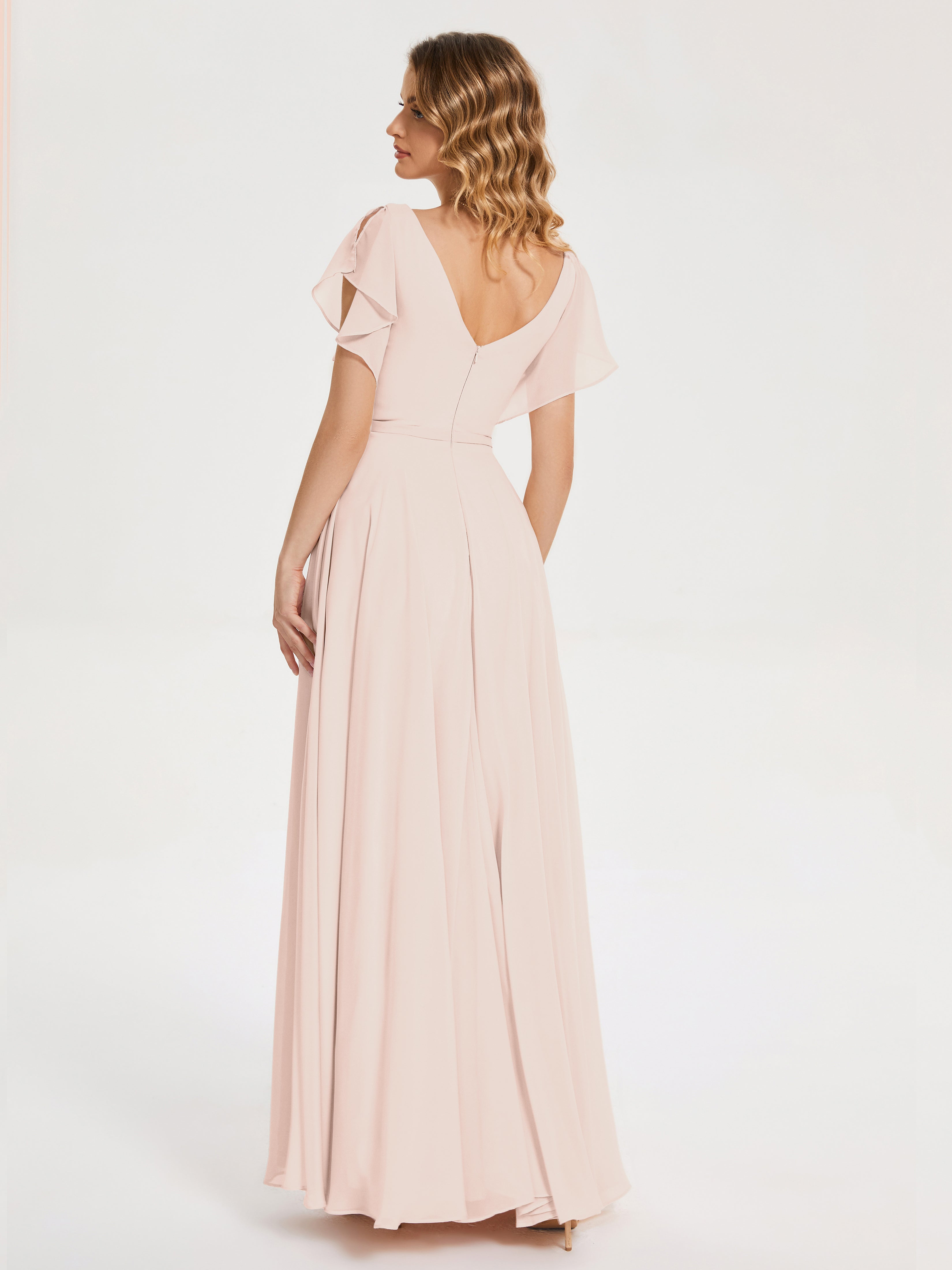 Robe De Demoiselle D'Honneur En Perles Col V Fendue Mousseline Robes Demoiselle D'Honneur À Volants