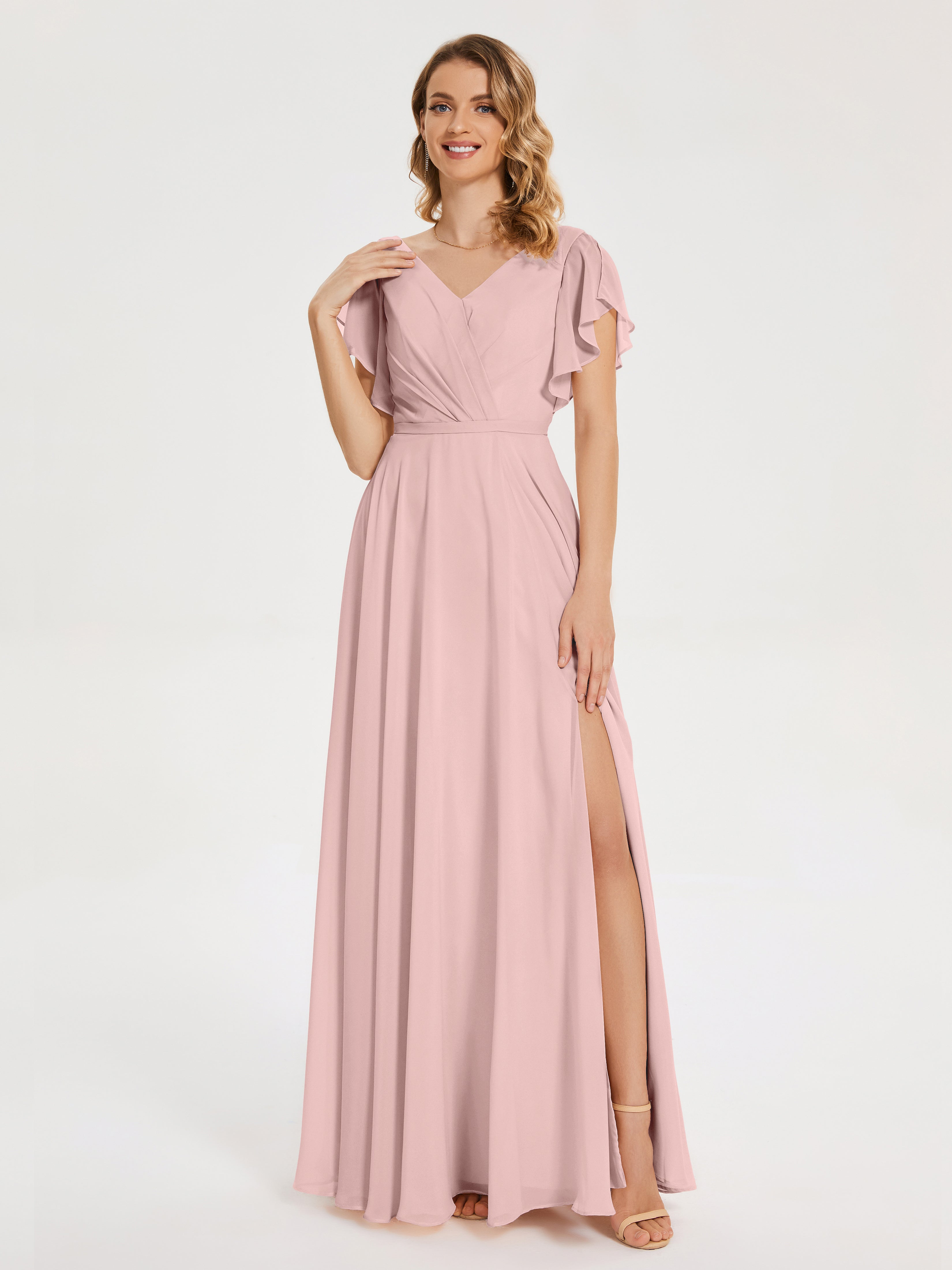 Robe Rose Poudrée Demoiselle D Honneur Col V Fendue Mousseline Robes Demoiselle D'Honneur À Volants