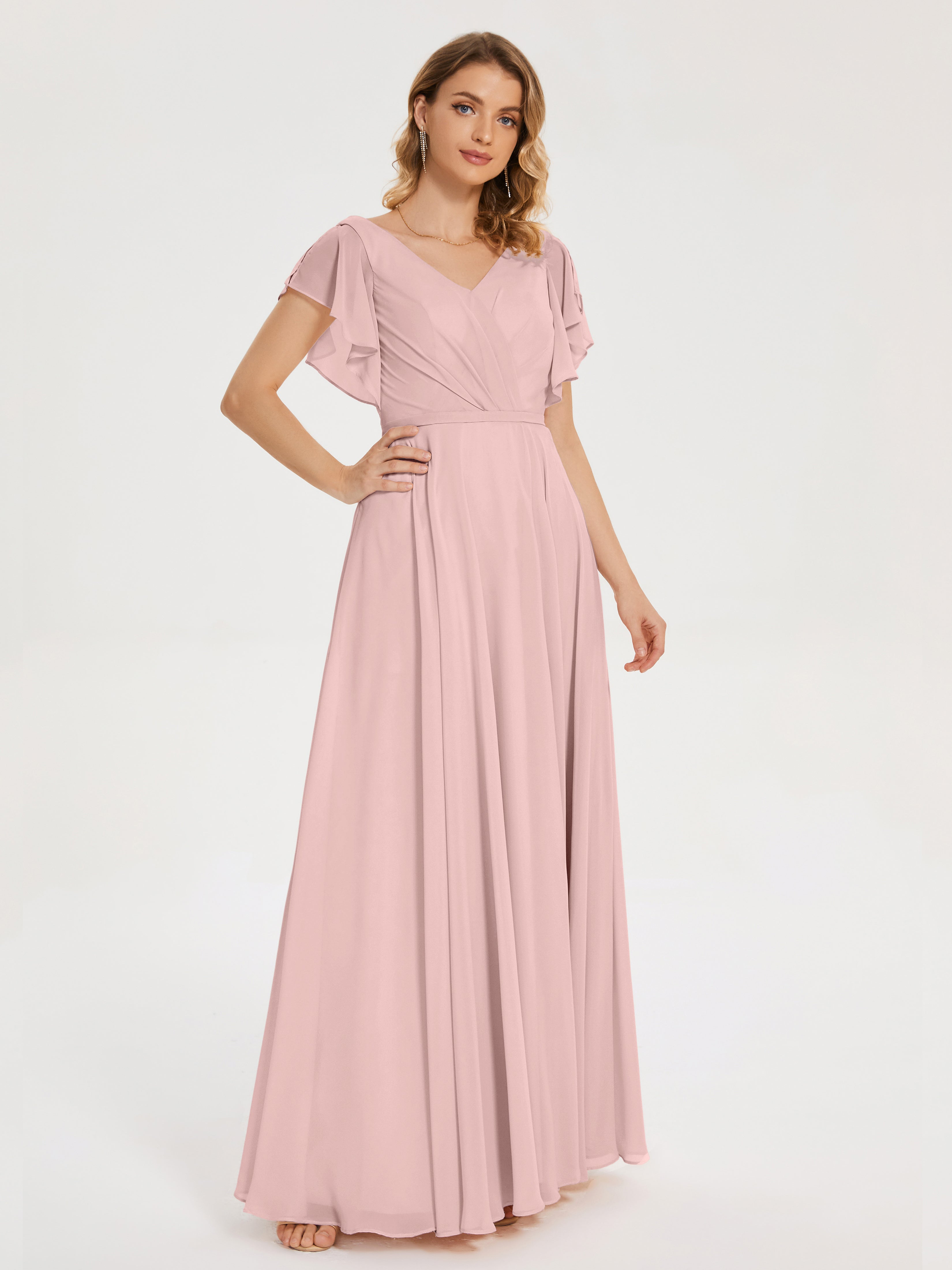 Robe Rose Poudrée Demoiselle D Honneur Col V Fendue Mousseline Robes Demoiselle D'Honneur À Volants