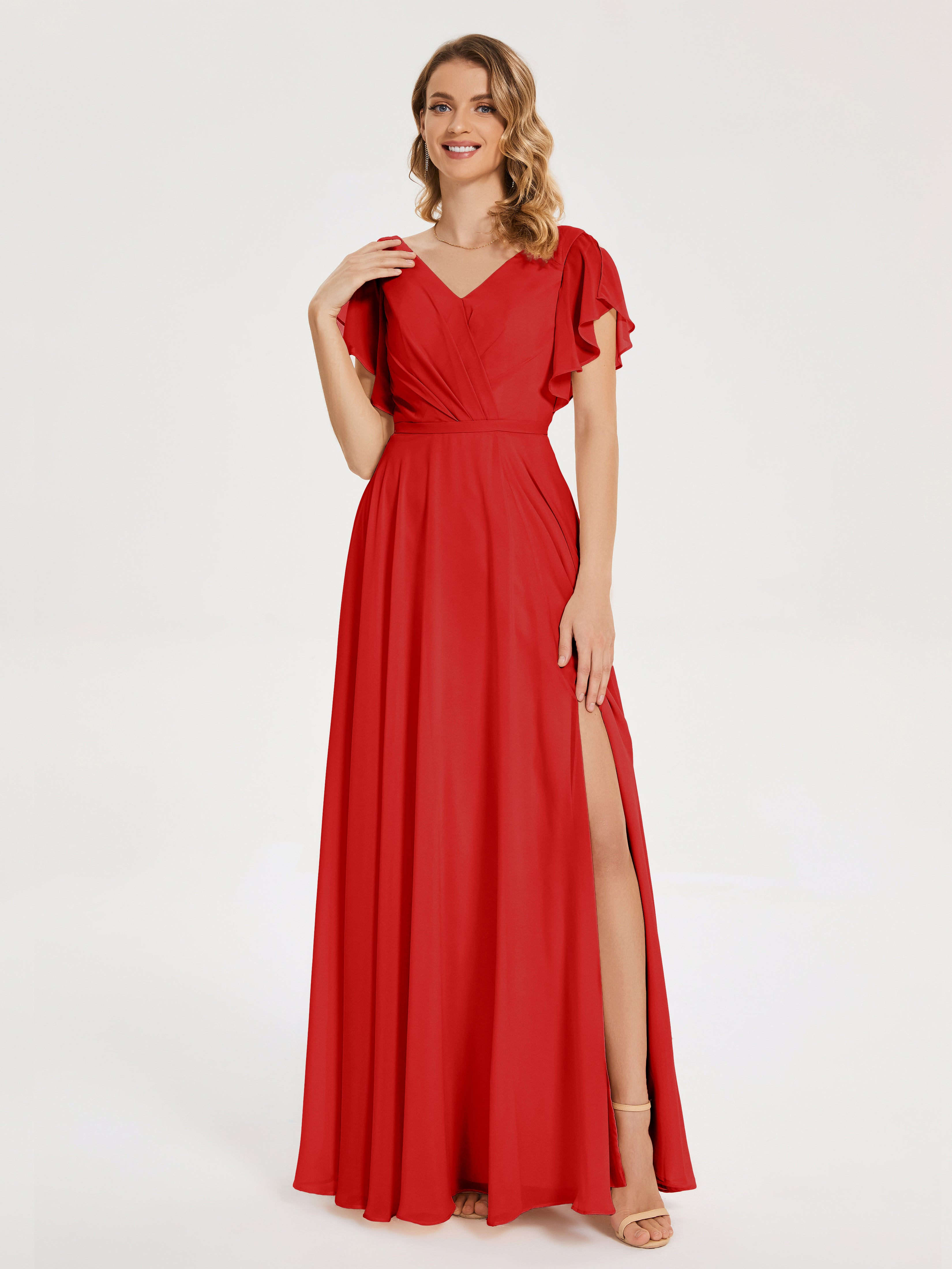 Robe Demoiselle D Honneur Rouge Col V Fendue Mousseline Robes Demoiselle D'Honneur À Volants