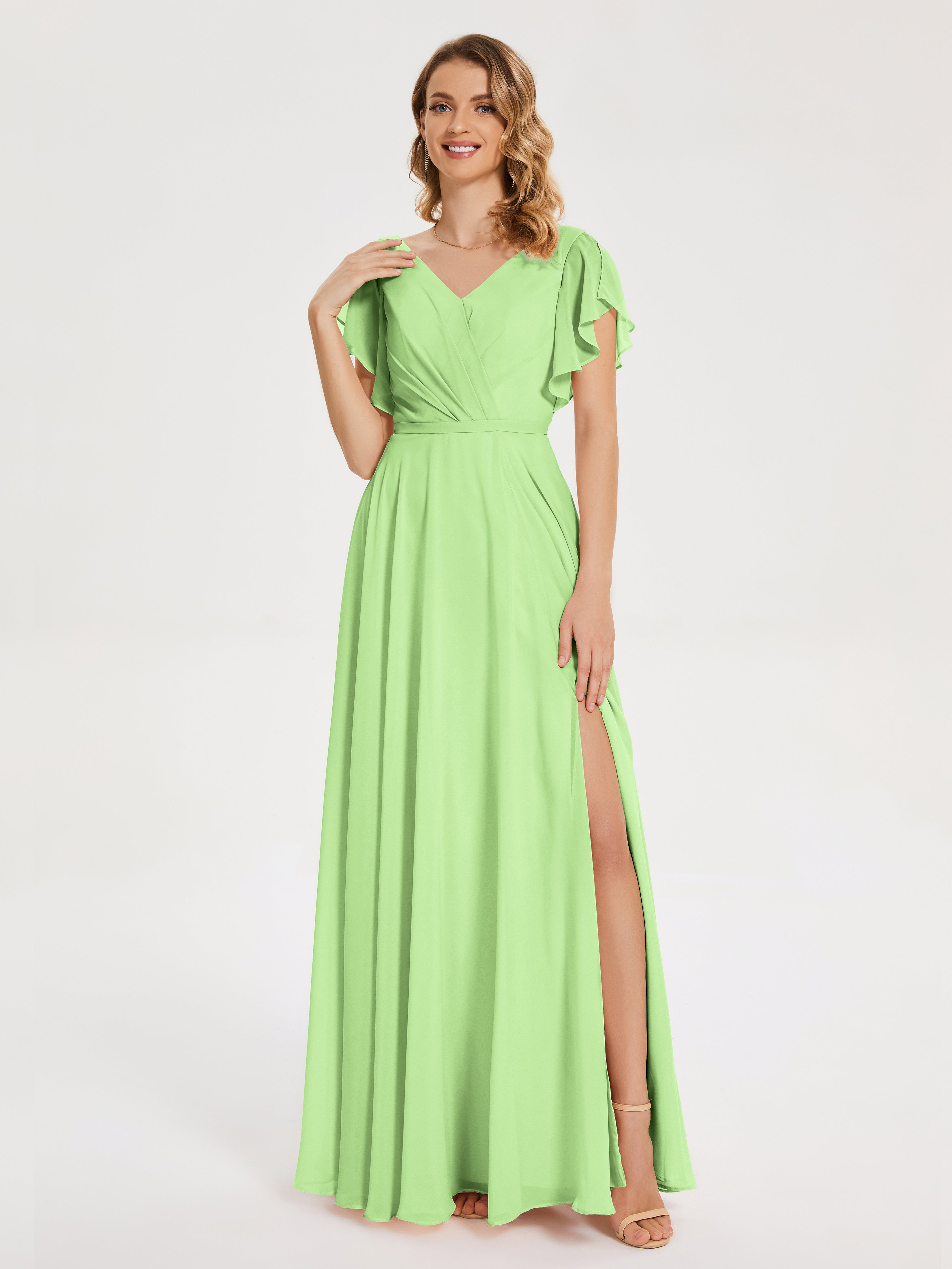 Robe Demoiselle D Honneur Verte Sauge Col V Fendue Mousseline Robes Demoiselle D'Honneur À Volants
